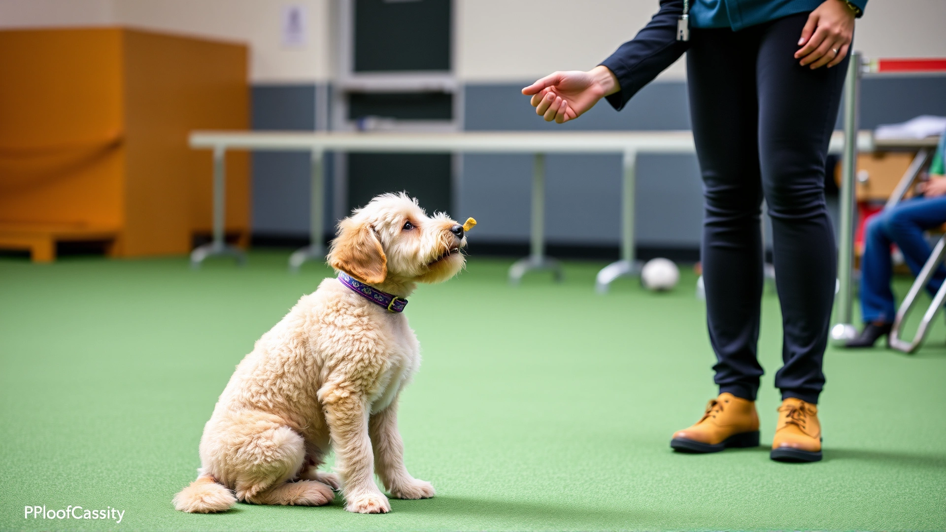 A Labradoodle puppy in an indoor obedience class sitting attentively while a trainer offers a treat and uses a clicker, clear instructional setting.