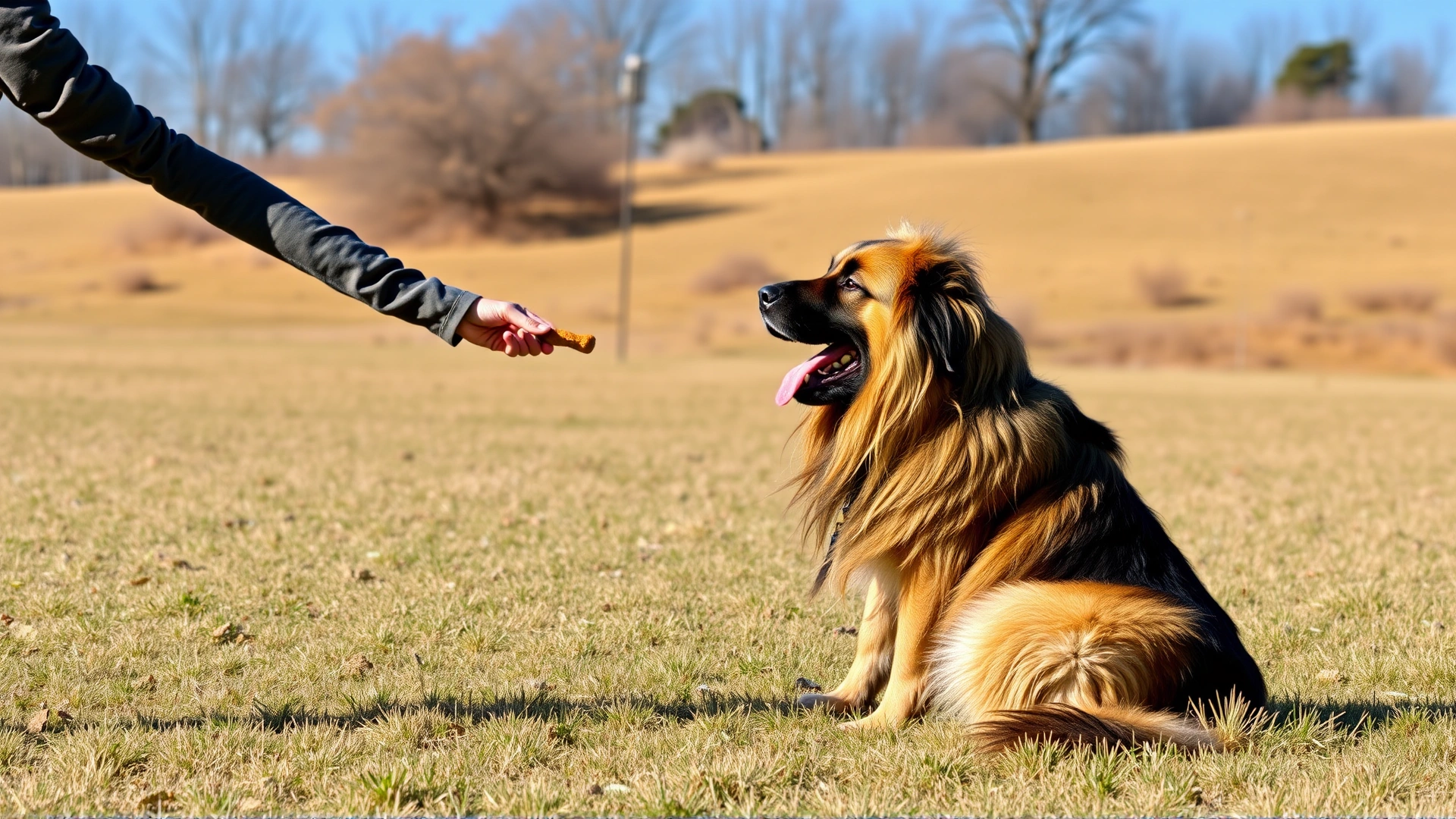 Leonberger performing the 'sit' command in a training field while the trainer offers a treat, clear blue sky
