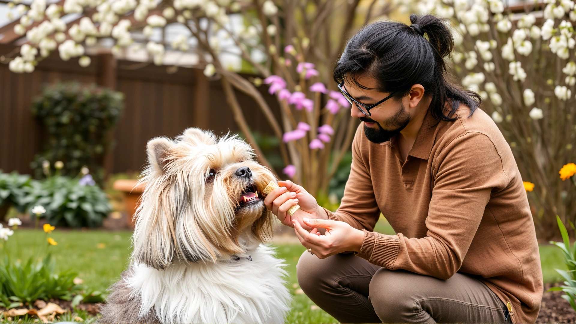 Owner training a Lhasa Apso to sit using positive reinforcement treats in a backyard garden during spring