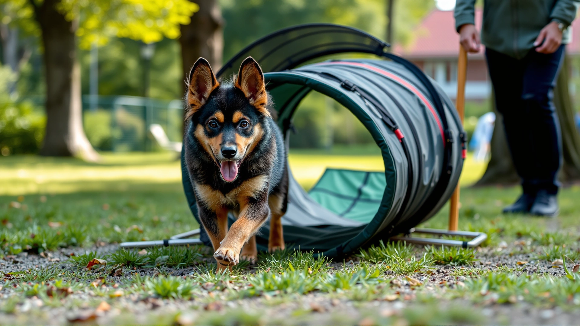A Löwchen dog navigating a small agility tunnel during a positive-reinforcement training session, outdoor park