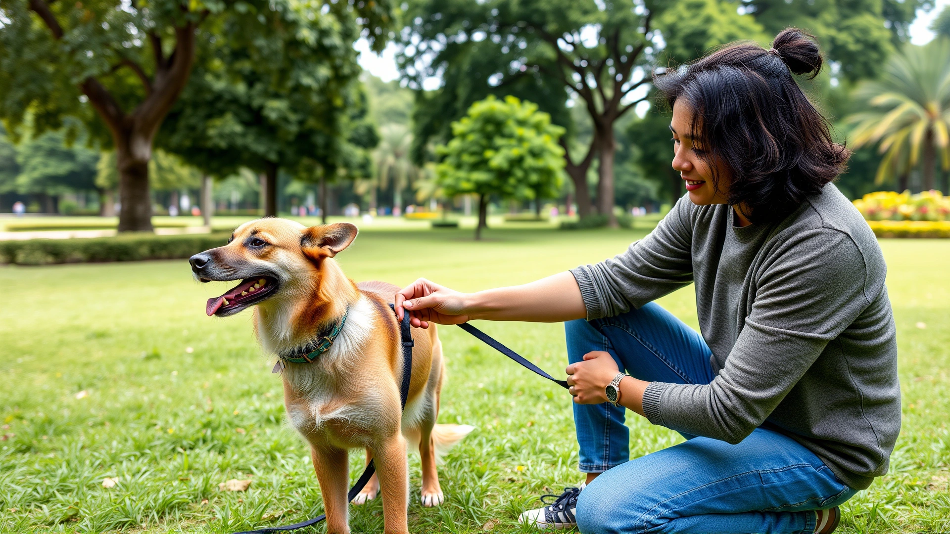 Owner practicing positive-reinforcement obedience training with an Azawakh in a lush green park