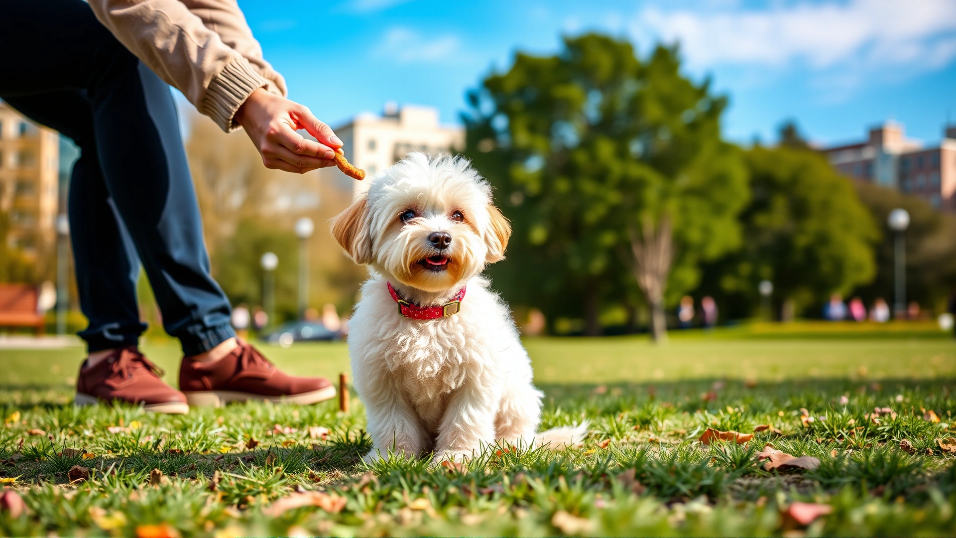 Owner training a young Maltipoo to sit using a treat in a city park, vibrant colors, blurred background for focus
