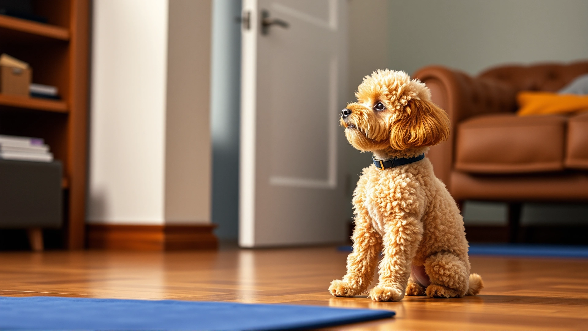 Indoor scene of a Miniature Poodle performing a sit command for a treat during obedience training, highlighting intelligence.