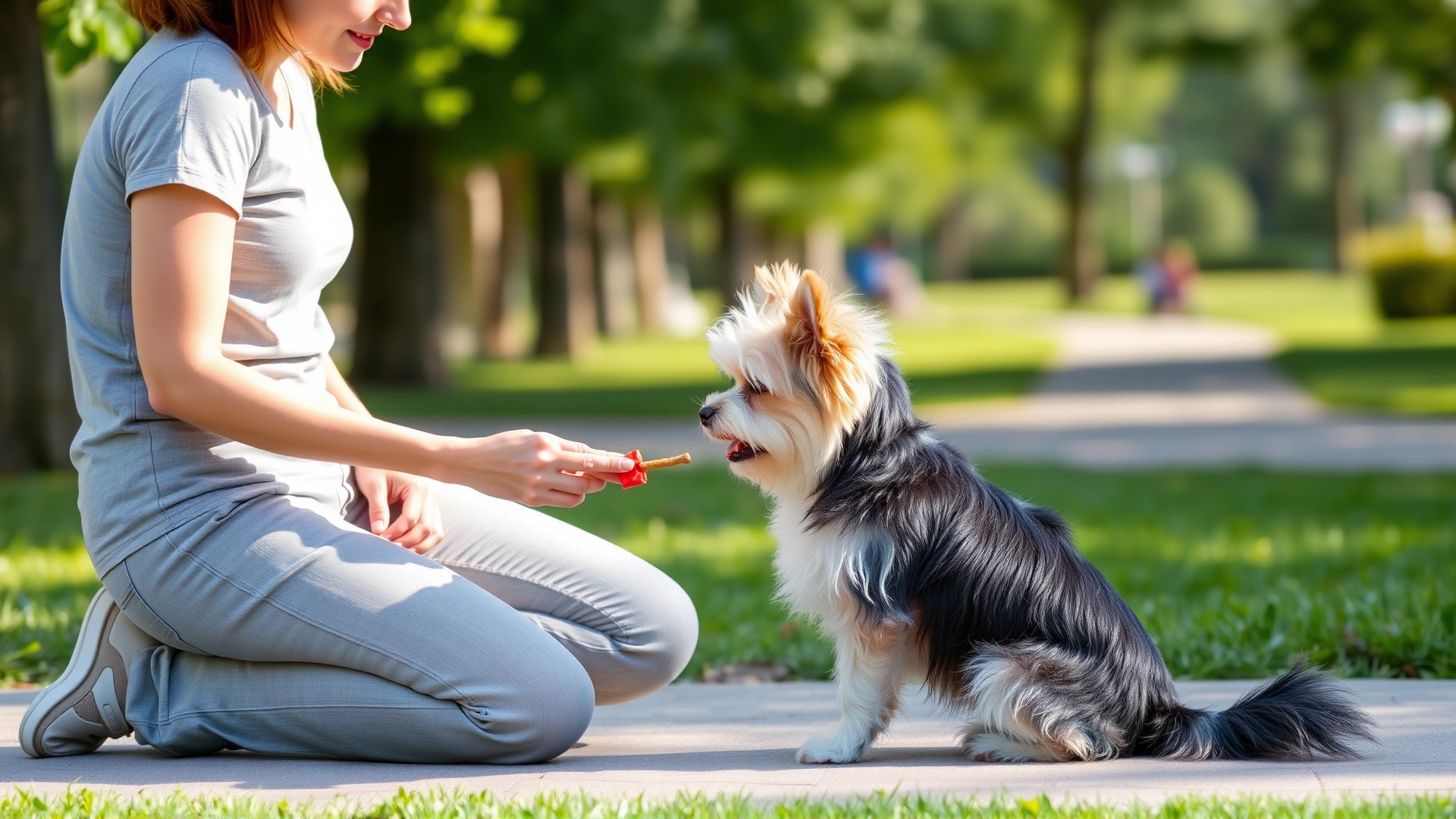 Owner kneeling and offering a treat while teaching a Morkie the “sit” command in a sunny park