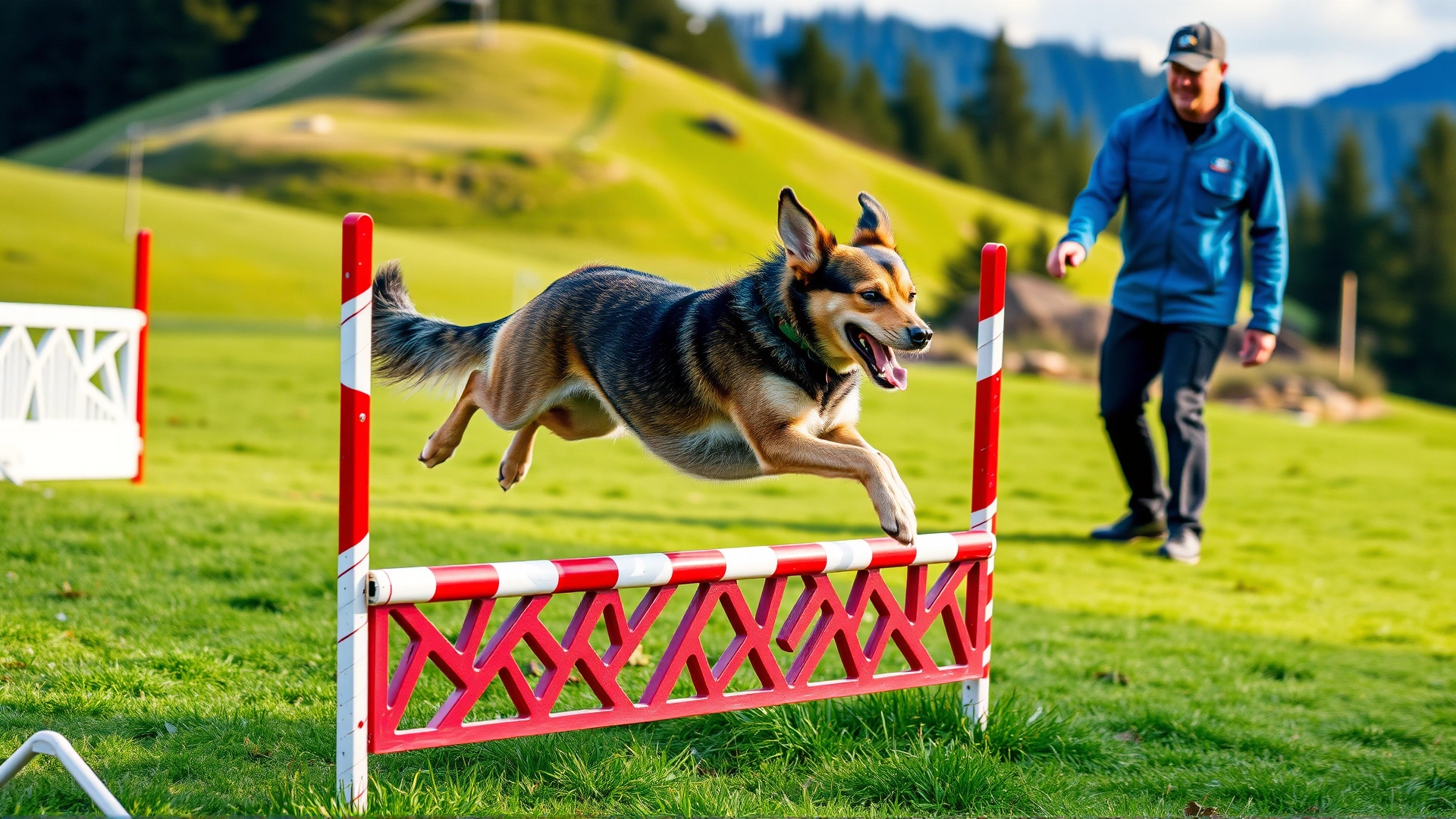 Mountain Cur mid-jump over an agility hurdle on a grassy field, handler visible guiding with hand signal, action shot, vibrant colors