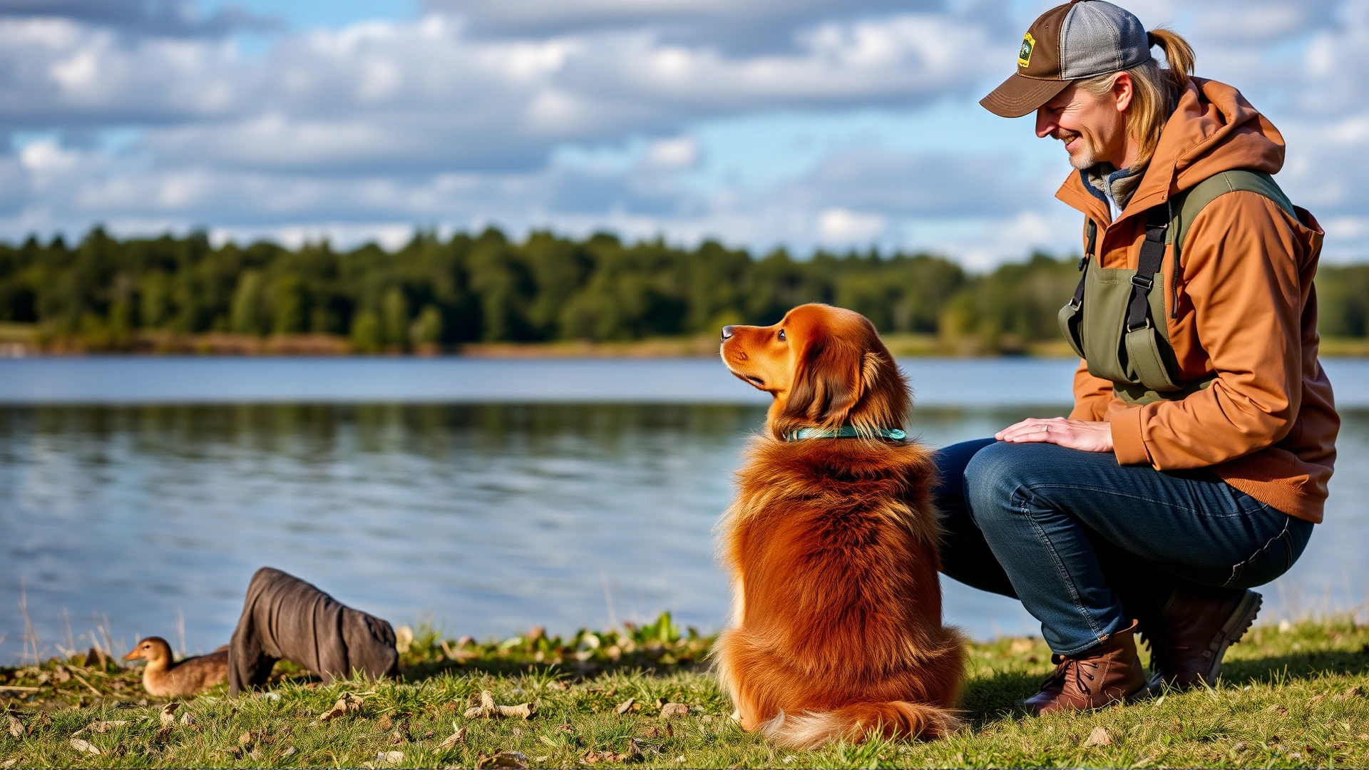 Dog trainer kneeling with treat, teaching a Nova Scotia Duck Tolling Retriever to sit near a lakeside