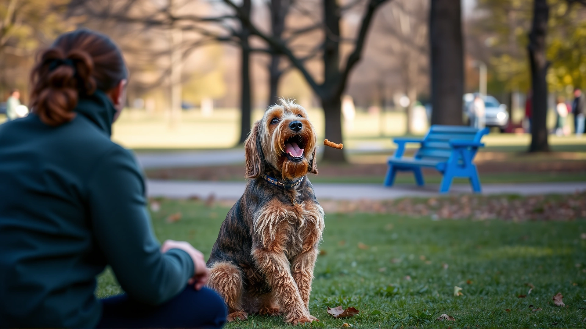 Otterhound performing a sit command in a park while a trainer offers a treat