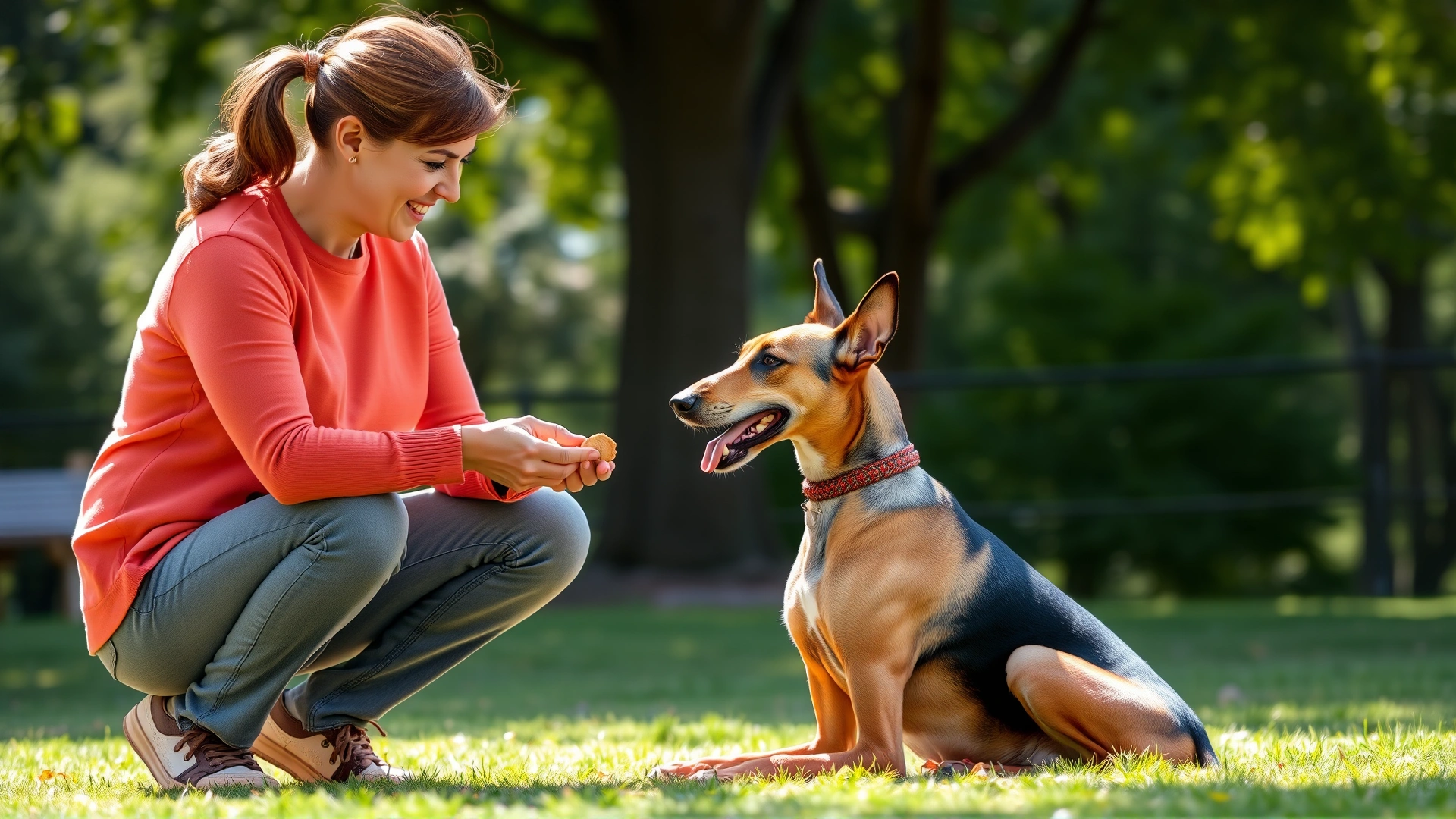Owner holding a treat while instructing a sitting Pharaoh Hound during obedience training in a sunny park
