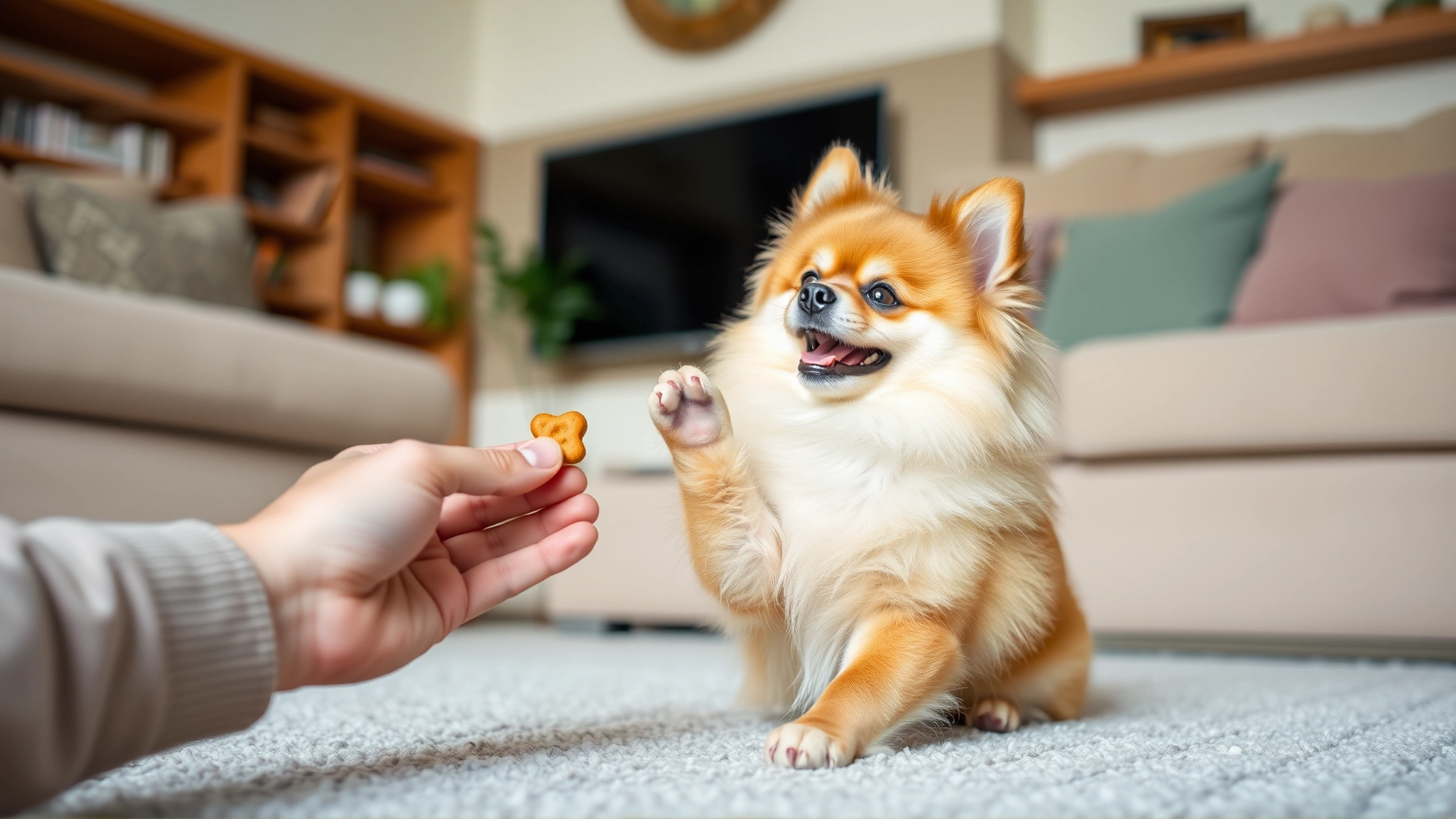 Pomchi performing a sit command while receiving a treat from a human hand in a cozy living room