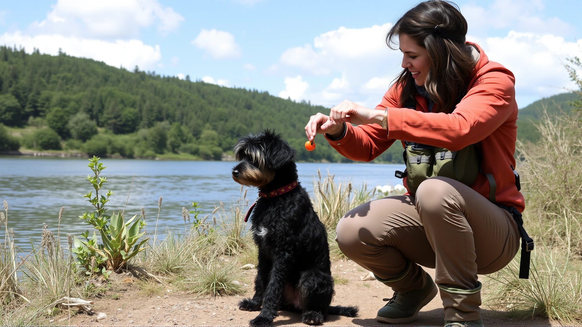 Owner using a clicker to train a Portuguese Water Dog sitting attentively on a riverbank trail
