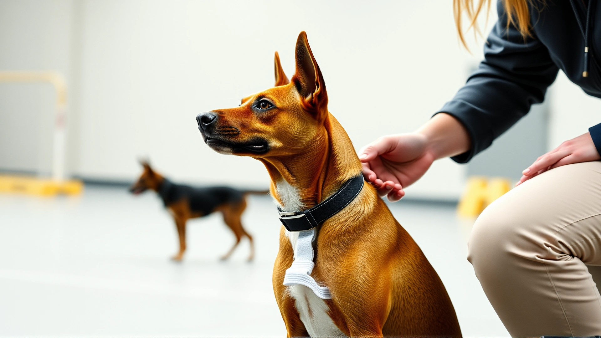A professional dog trainer using a clicker and treats to teach a Basenji the