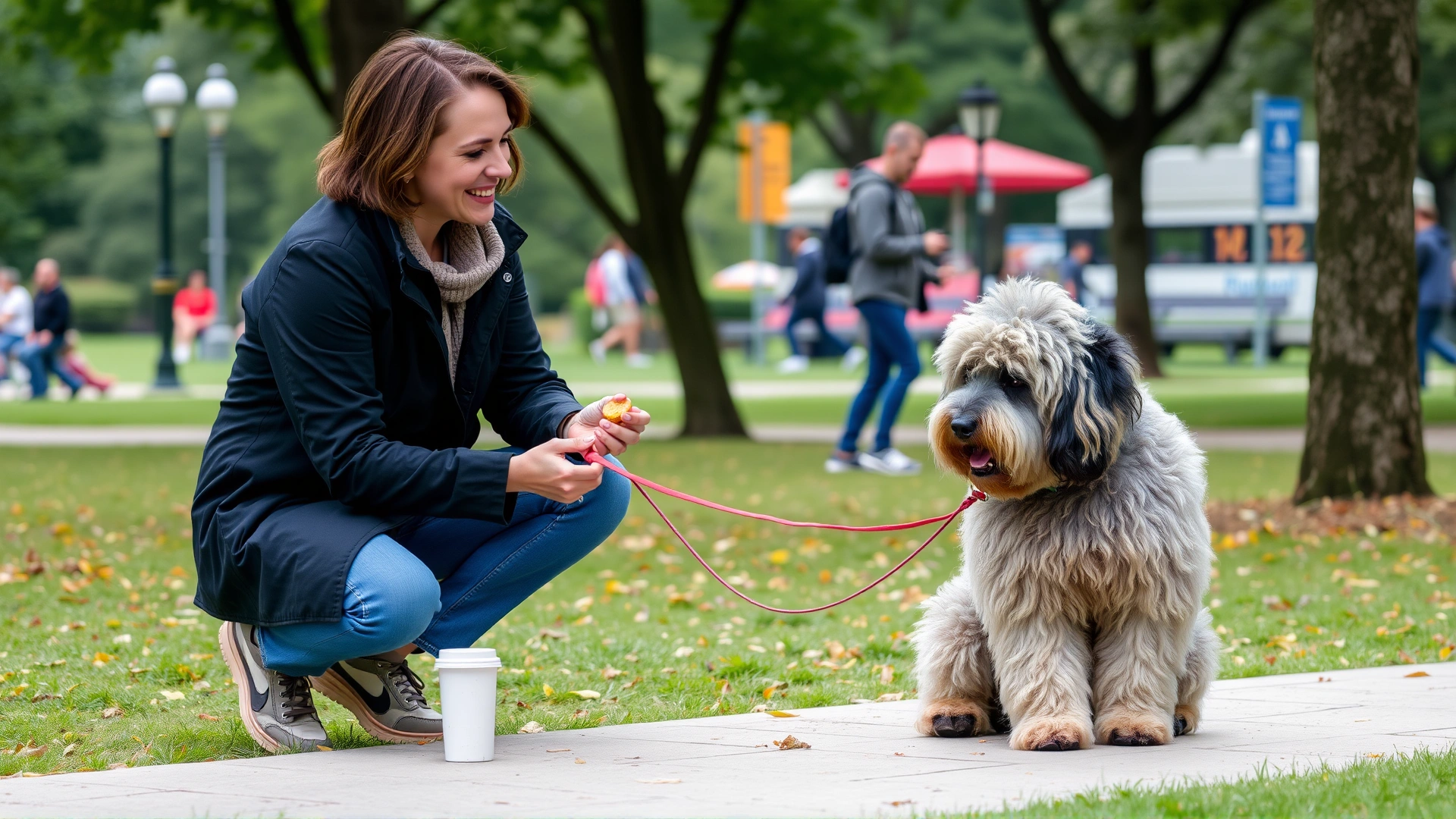Owner using clicker training and treats to teach a Puli dog to sit in a public park.