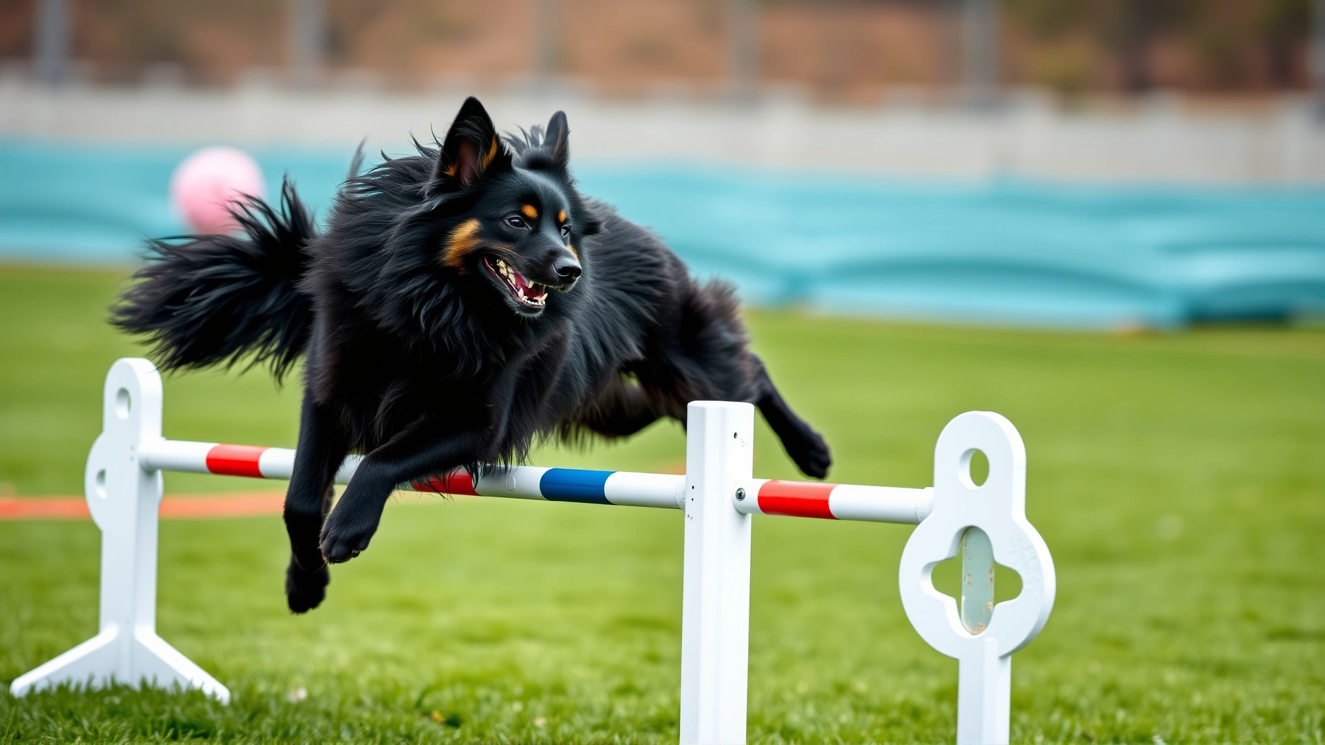 Schipperke mid-jump over an agility hurdle on a grassy training field, demonstrating athleticism and engagement with the sport.