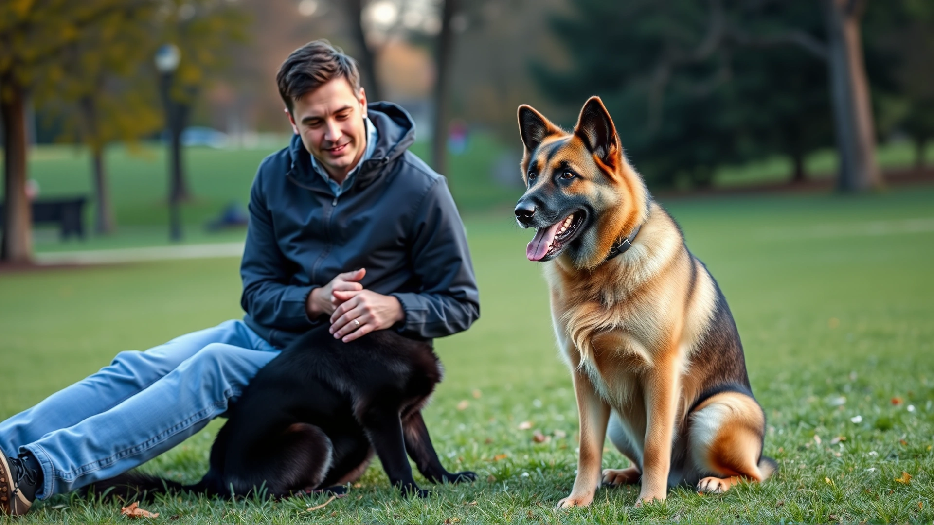 Owner conducting obedience training with a Sheprador in a park, dog sitting attentively awaiting command, showing intelligence and trainability.