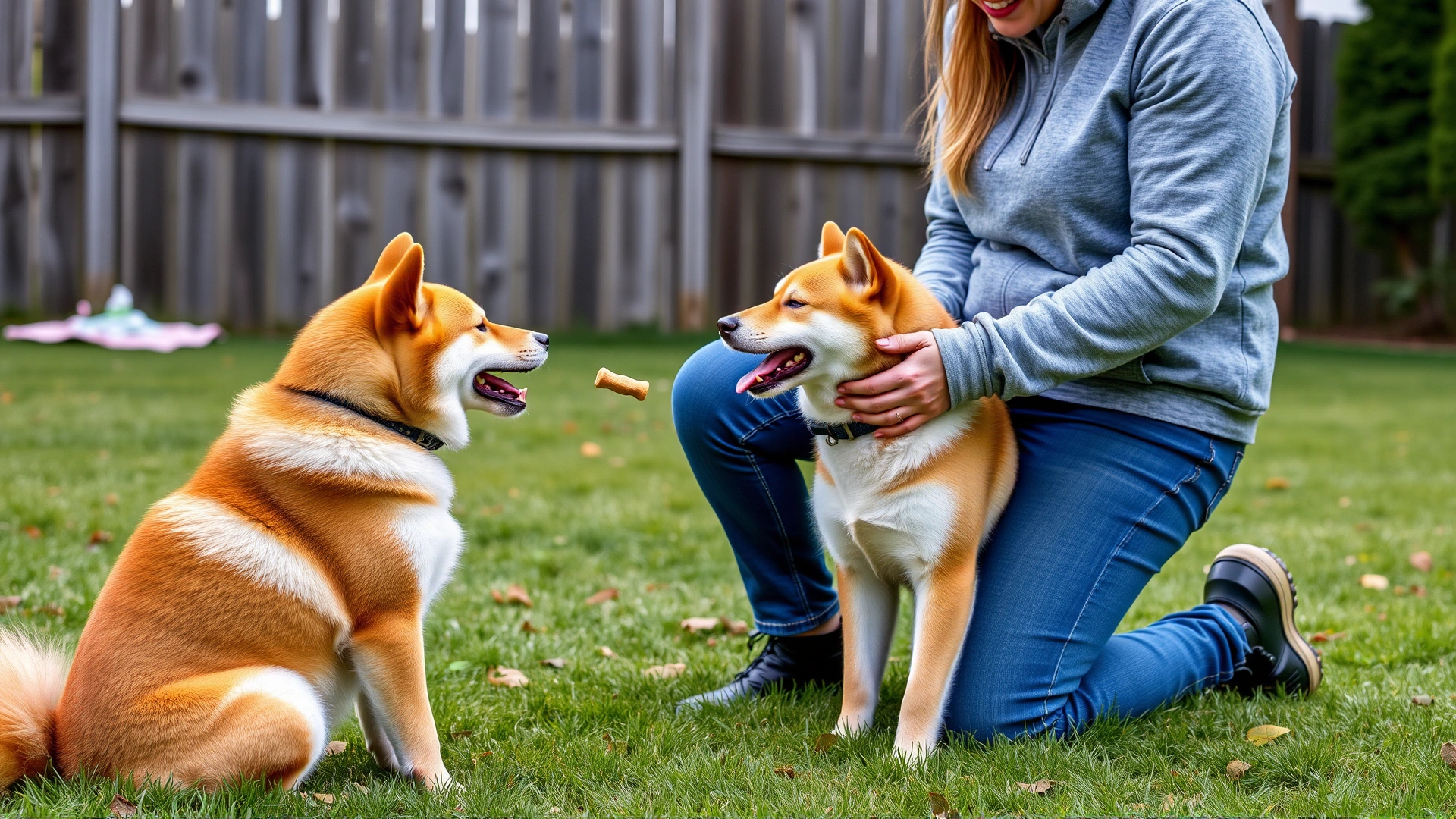 Outdoor image of an owner kneeling and giving a treat to a Shiba Inu mid-command in a fenced backyard, showcasing positive reinforcement training.