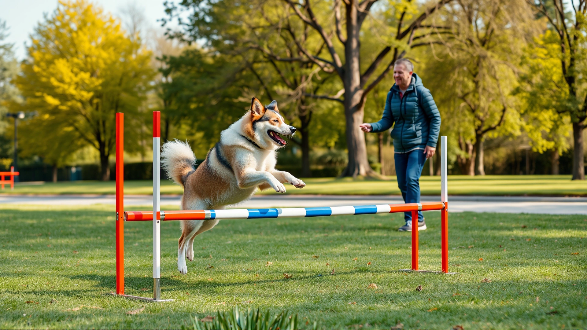 An owner teaching a Shikoku dog to jump over a low agility hurdle in a sunny park.