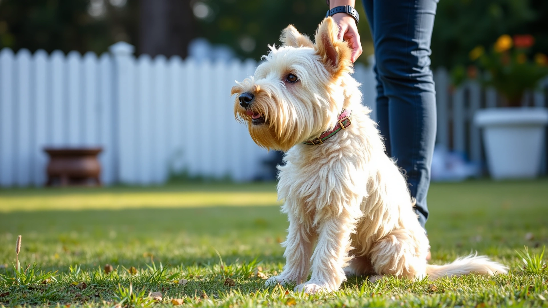 Soft Coated Wheaten Terrier performing a sit command with owner holding treats, backyard setting, natural lighting