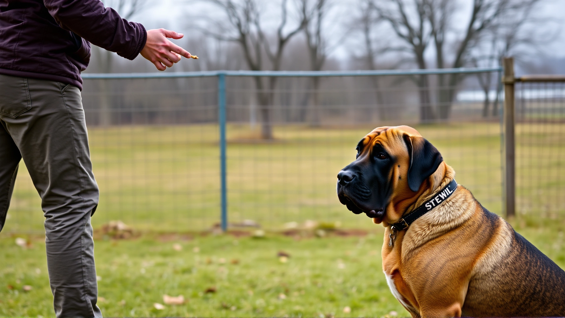 A confident trainer practicing obedience commands with a Spanish Mastiff in a fenced field, positive reinforcement with treats, high-resolution
