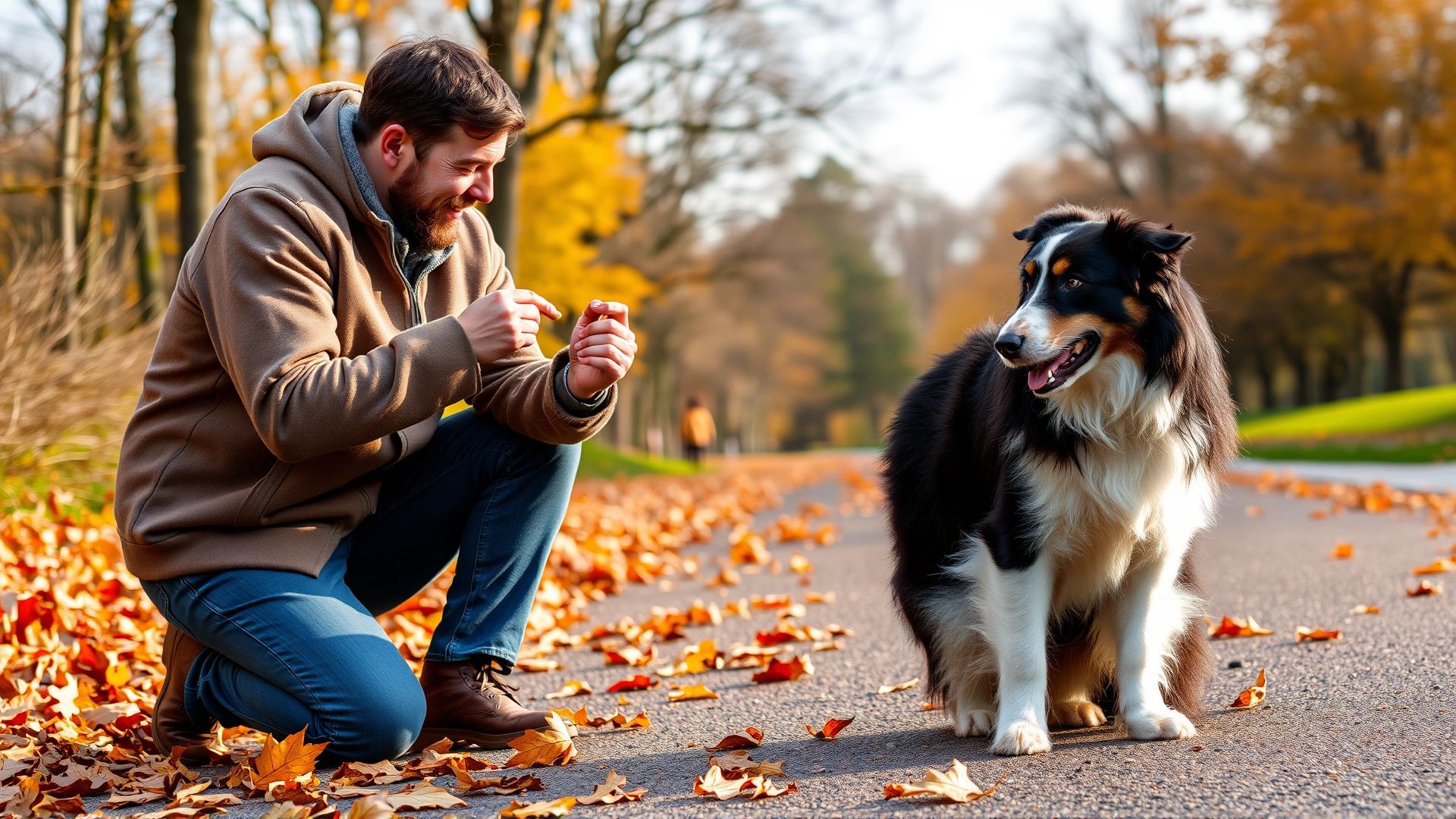 Owner kneeling on a park path holding a treat while teaching a Bearded Collie the