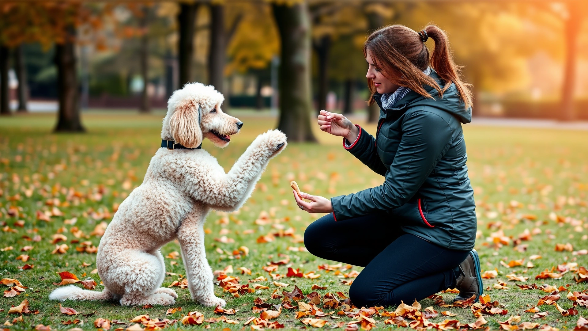 Dog trainer kneeling in a park teaching a Standard Poodle to shake paws, using a small treat as reward, autumn leaves on the ground.