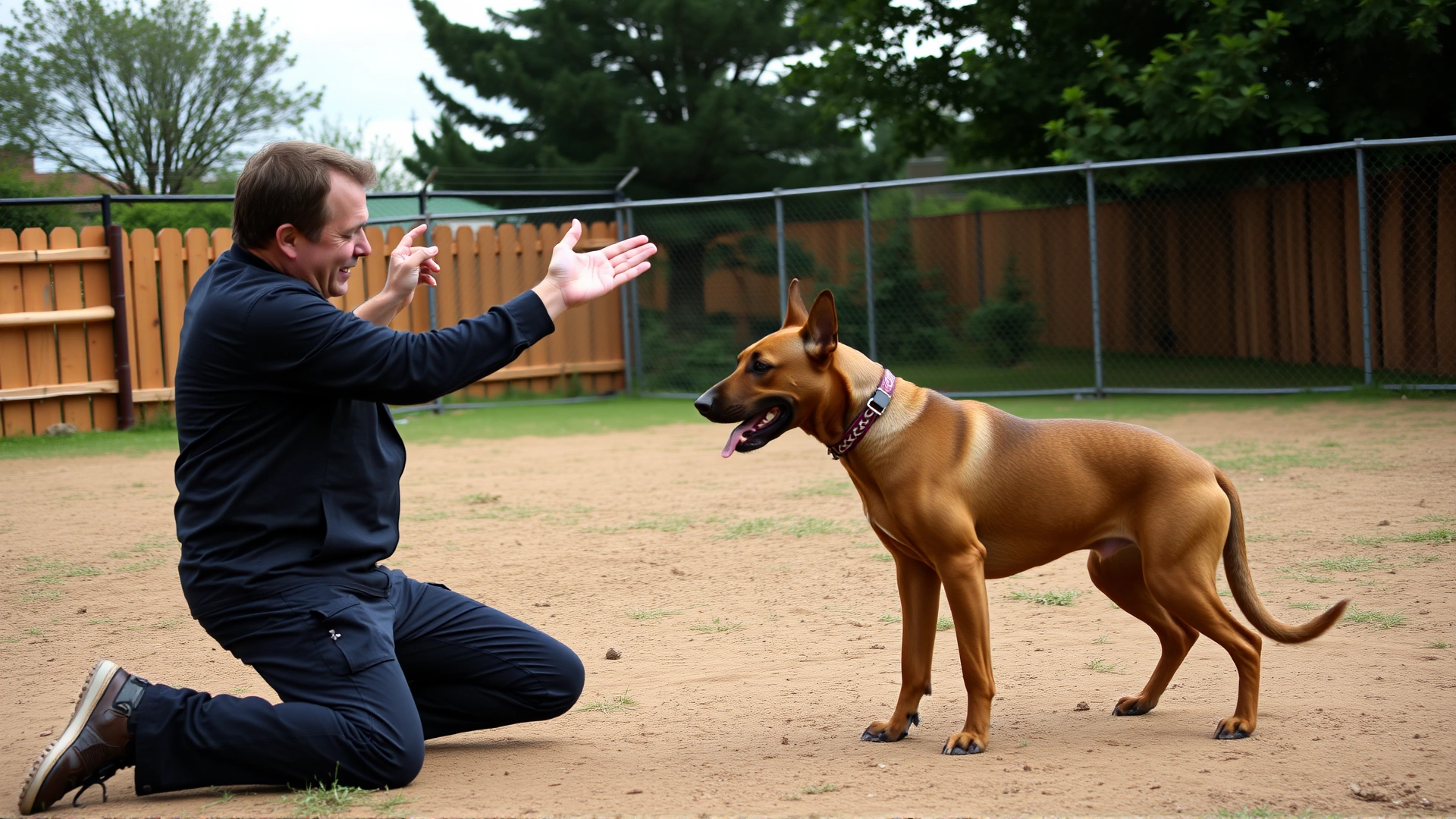 An experienced dog trainer practicing a ‘sit’ command with an athletic Thai Ridgeback in a fenced outdoor training area, both focused and engaged.