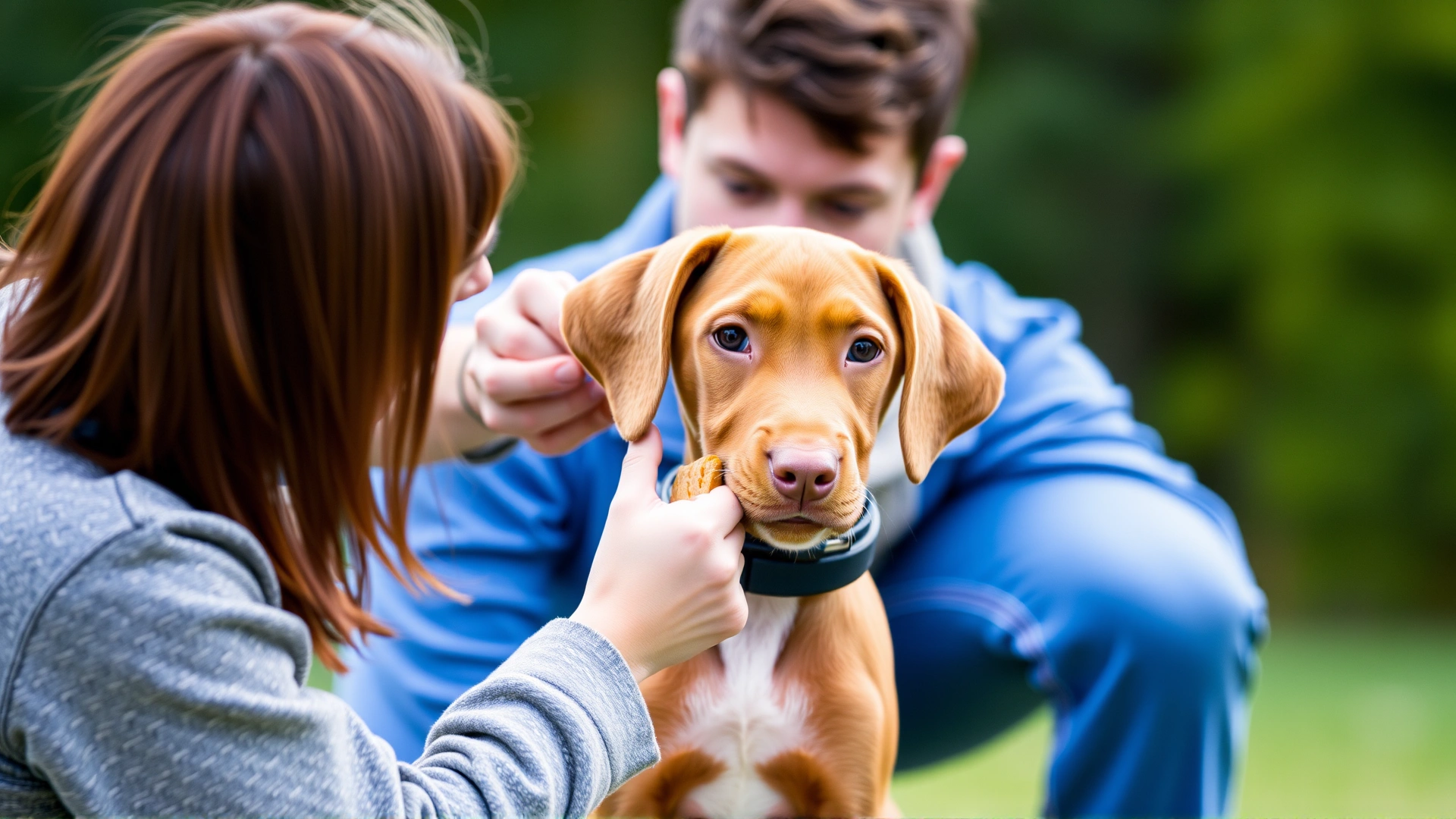 Dog trainer rewarding a Vizsla puppy with a treat during obedience training outdoors