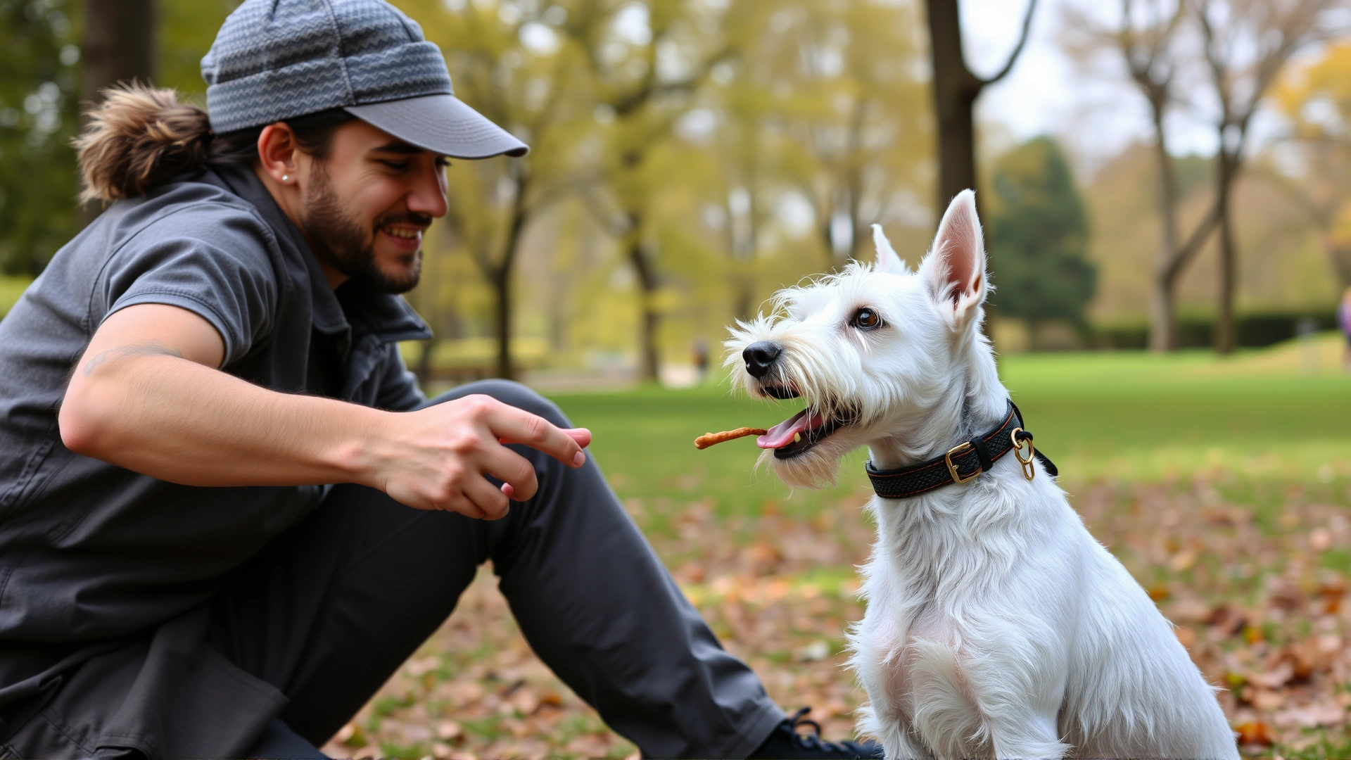 Trainer giving a Wire Fox Terrier a treat while practicing basic commands in a park