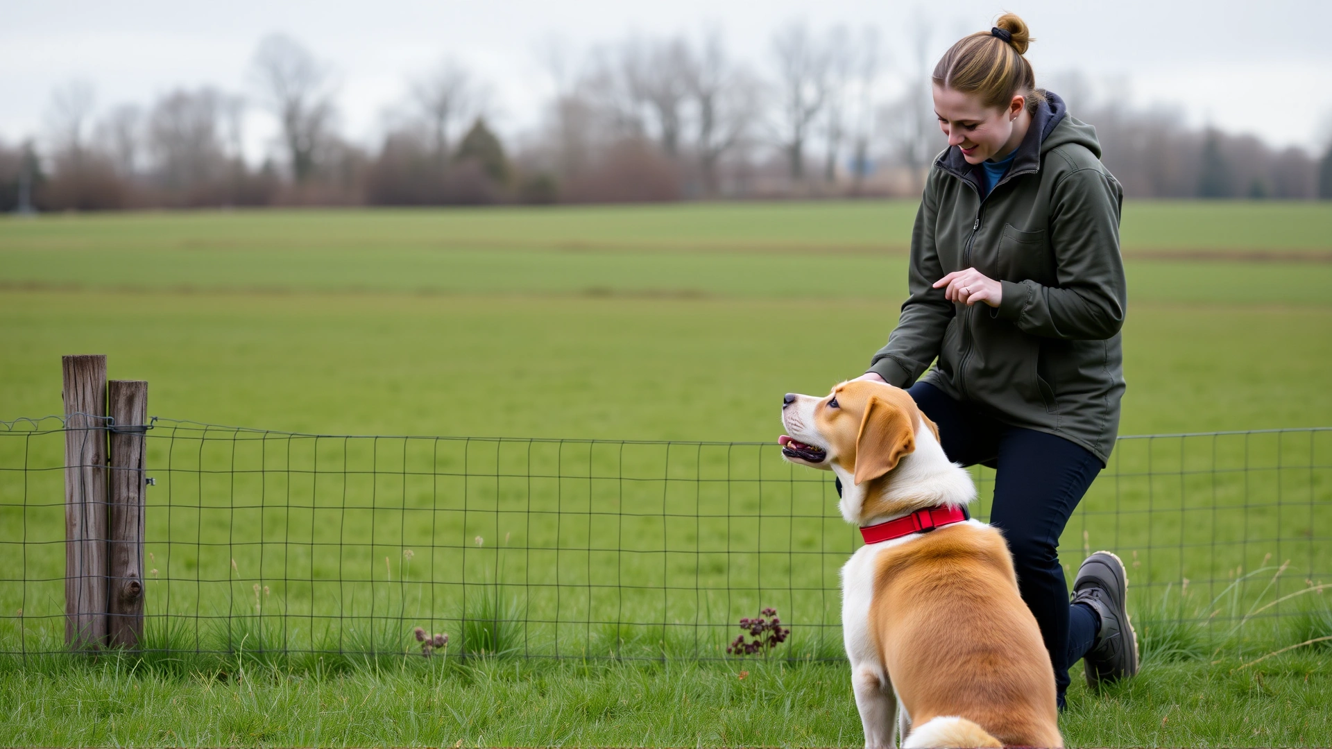 Professional dog trainer in a quiet outdoor field working with a dog sitting calmly near a low fence while receiving treats, overcast friendly lighting.