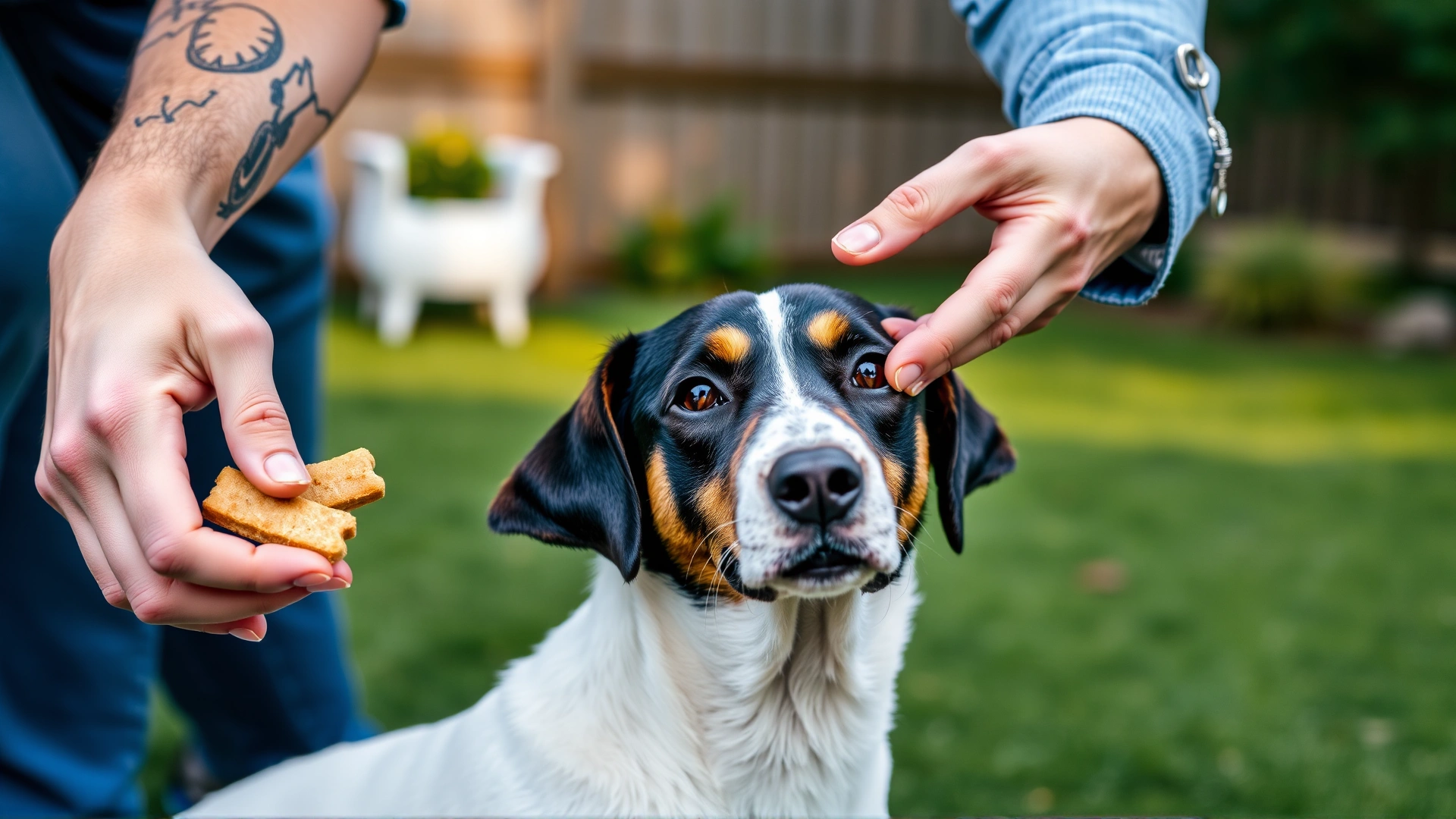 Owner holding a treat while dog sits calmly, outdoor backyard setting, illustrating positive reinforcement training