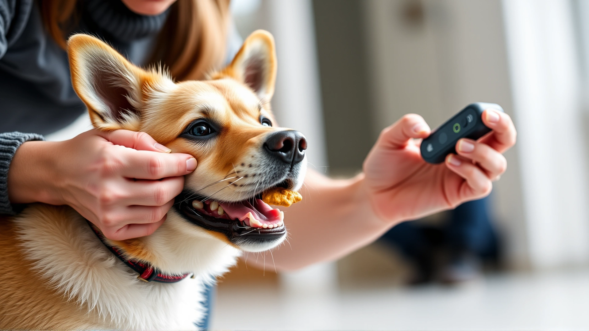 Young dog and owner during a positive reinforcement training session, owner holding treats and clicker, indoors with bright lighting.