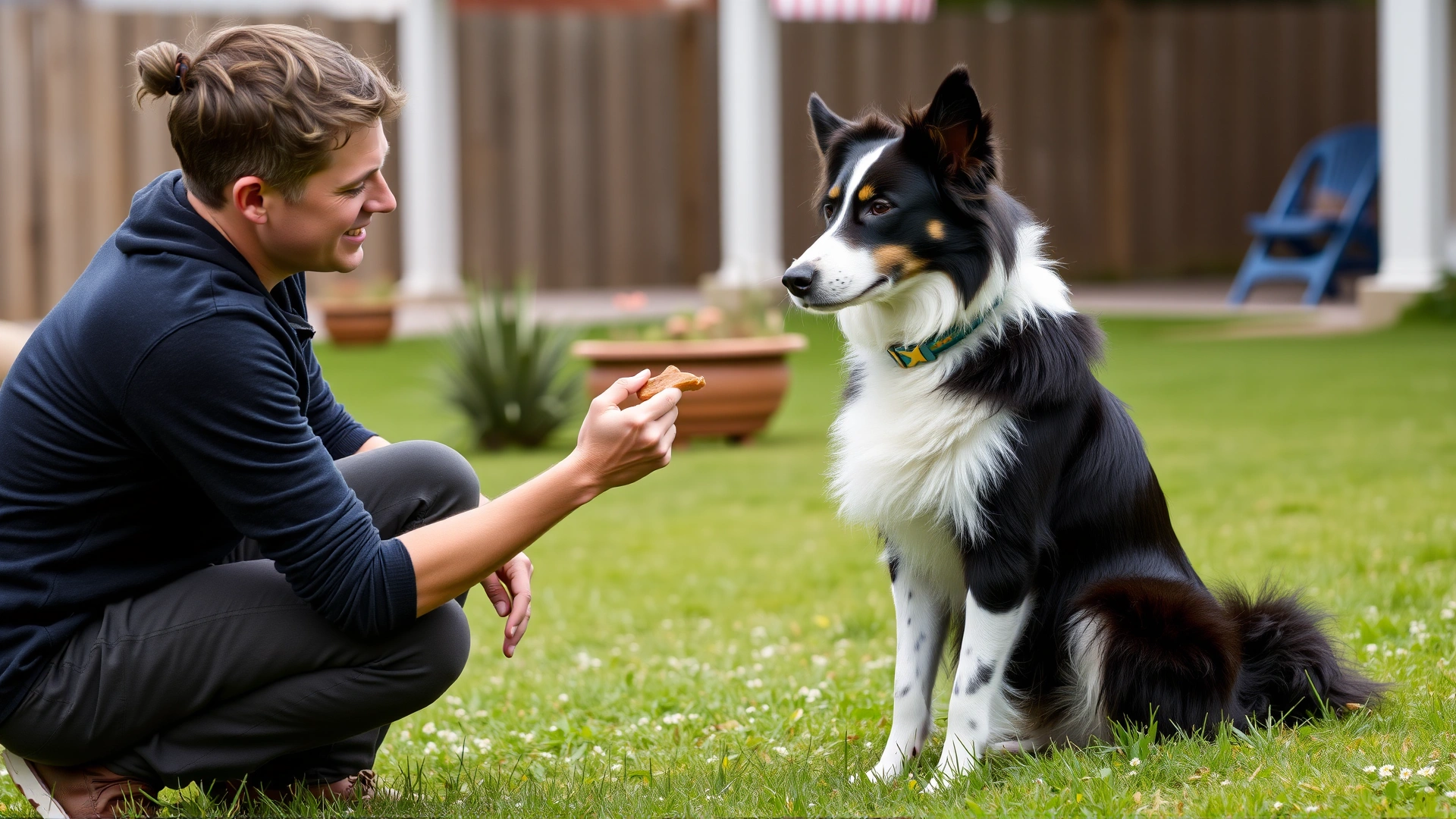 Owner kneeling and giving a treat to an attentive adolescent Border Collie during an obedience session in a backyard, clear focus, no text