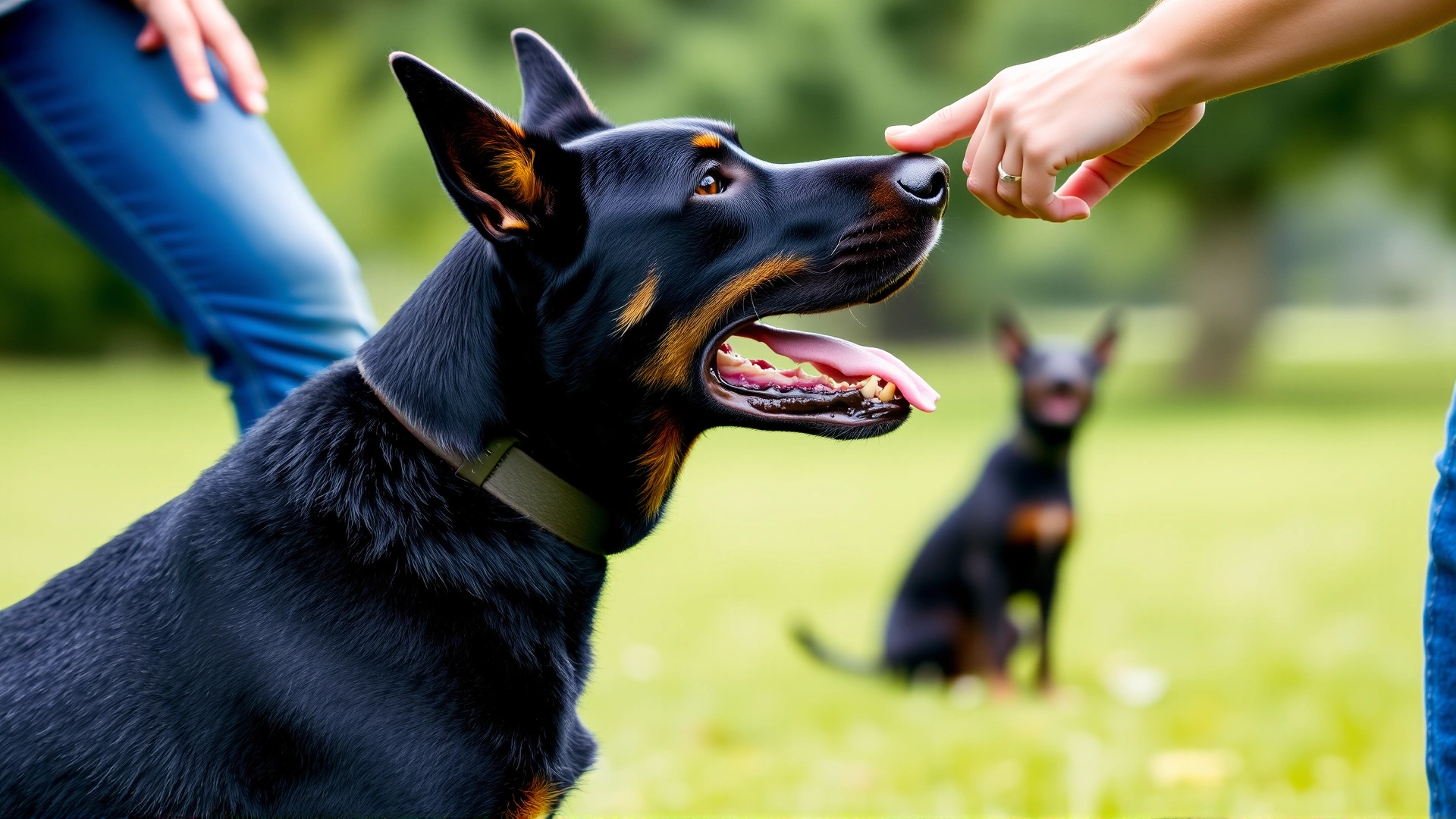 Focused Beauceron sitting attentively while trainer offers a treat during an obedience session in a green park.