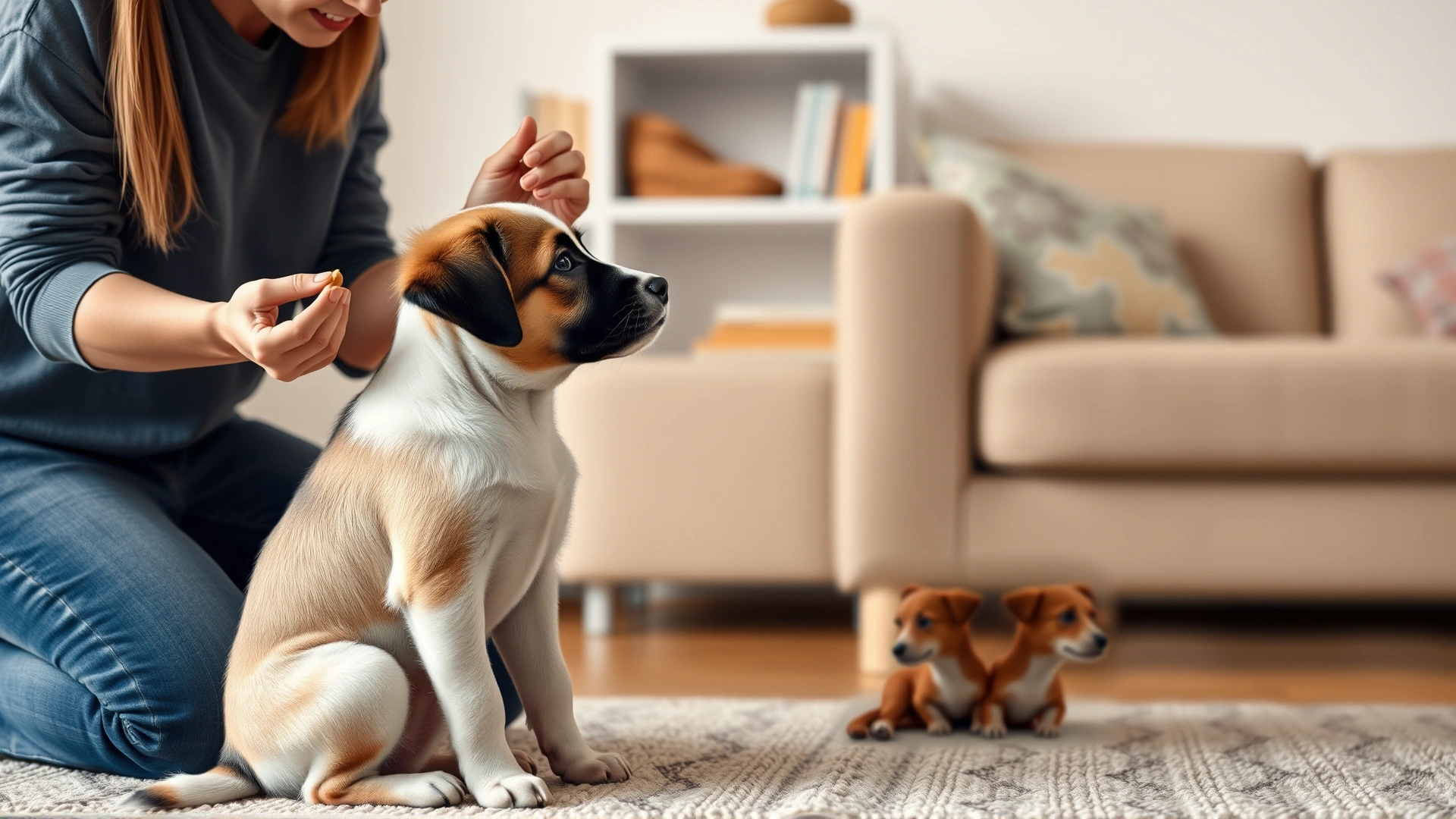 AI-generated image of a dog owner kneeling in a living room holding a treat while a puppy sits attentively, demonstrating positive reinforcement training