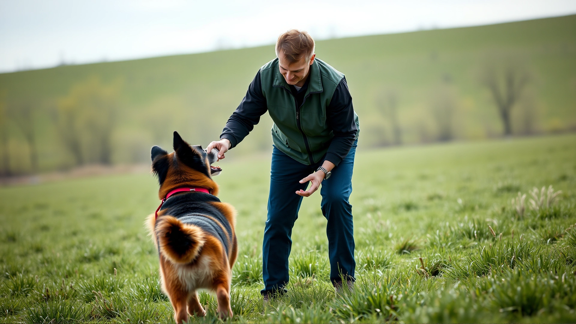 Professional trainer working with a dog in an open field, using positive reinforcement techniques.