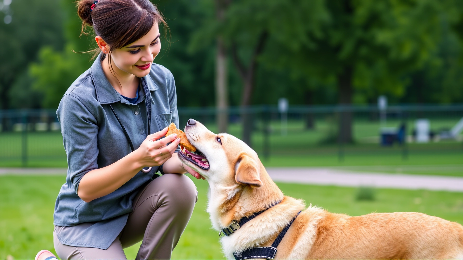 Professional dog trainer using treats to reward a calm dog during an outdoor obedience session in a green park.