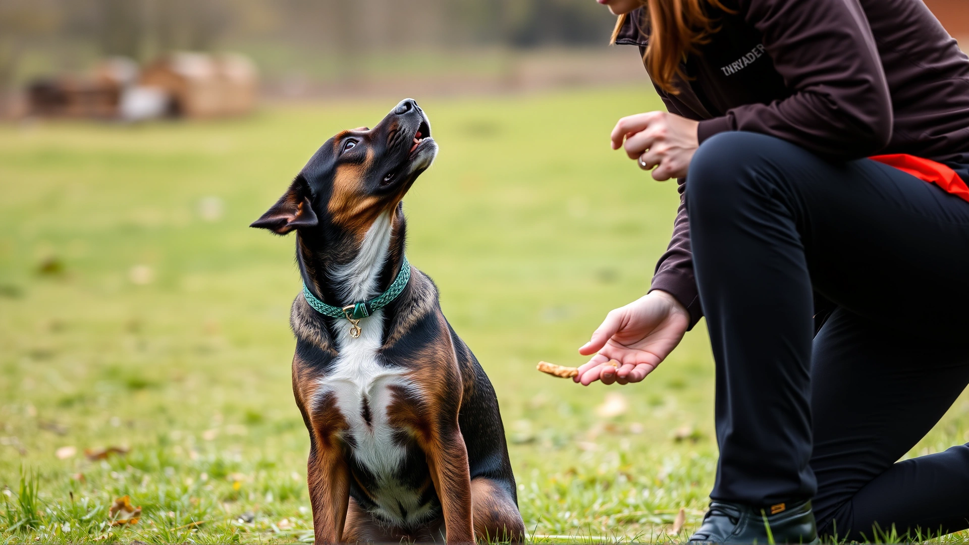 Photo of a canine trainer kneeling and offering a treat while a calm dog sits attentively, illustrating positive reinforcement training, outdoor setting.