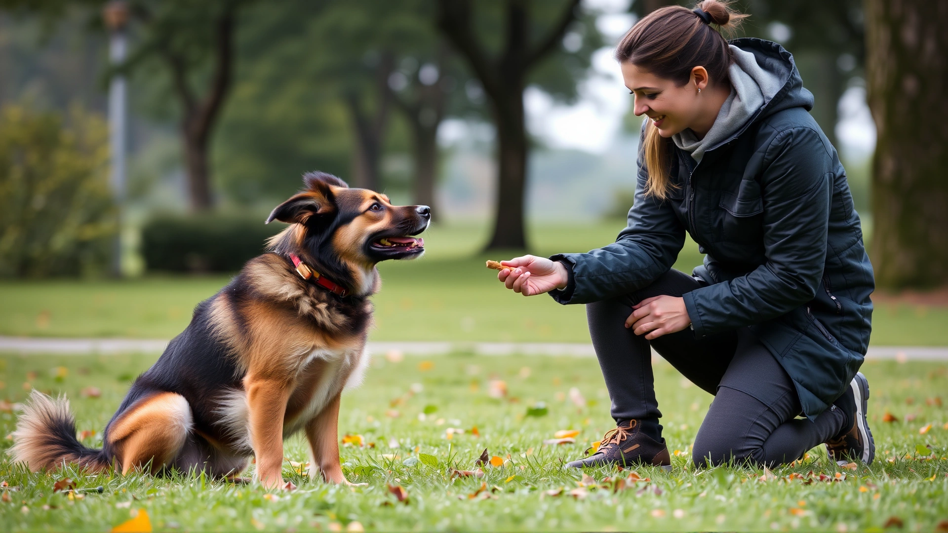Dog owner kneeling in a park while giving a treat to a dog practicing the 'leave it' command