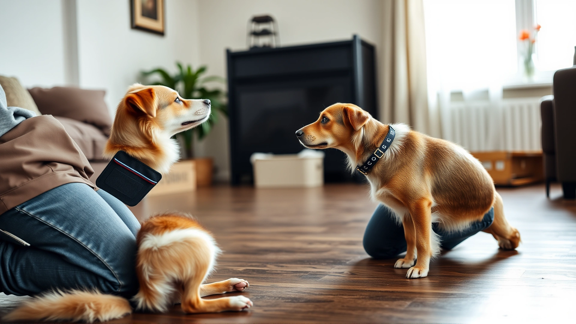 Owner kneeling indoors with treat pouch while dog performs the 'sit' command, demonstrating positive reinforcement training.