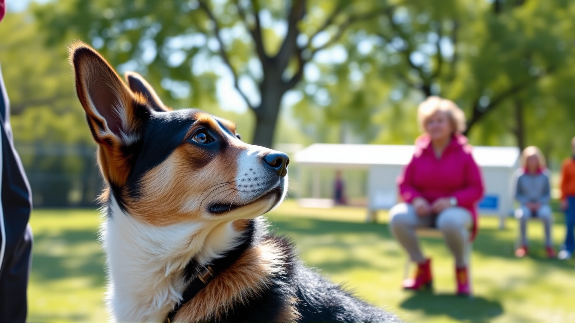 Dog in an obedience training class looking up at the trainer awaiting a command, bright outdoor park scene
