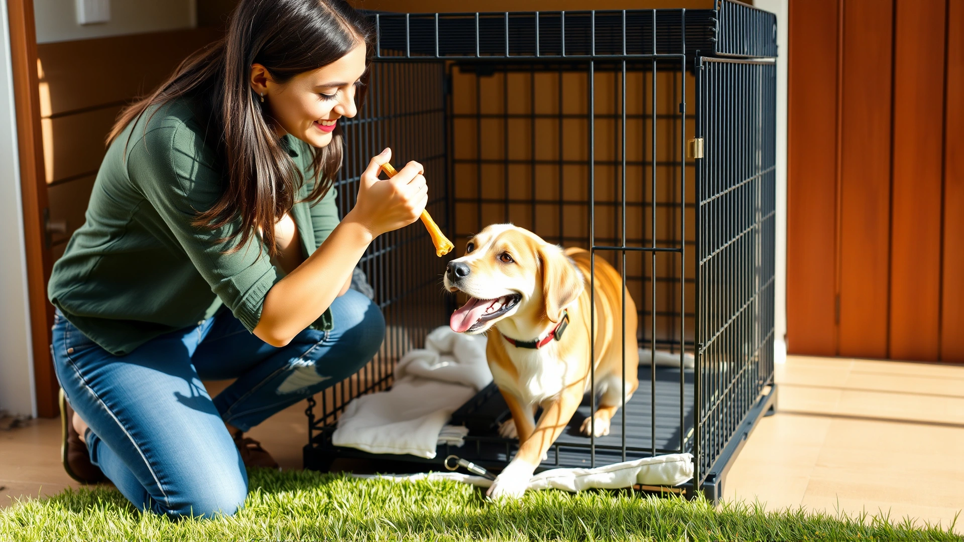 Female dog owner kneeling beside a crate, offering a treat to a cheerful dog entering the crate, bright natural light, candid moment