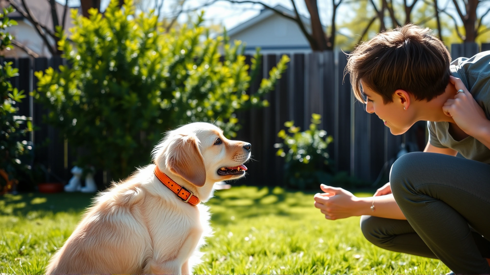 A first-time dog owner giving basic obedience training to a Golden Retriever puppy in a sunny backyard