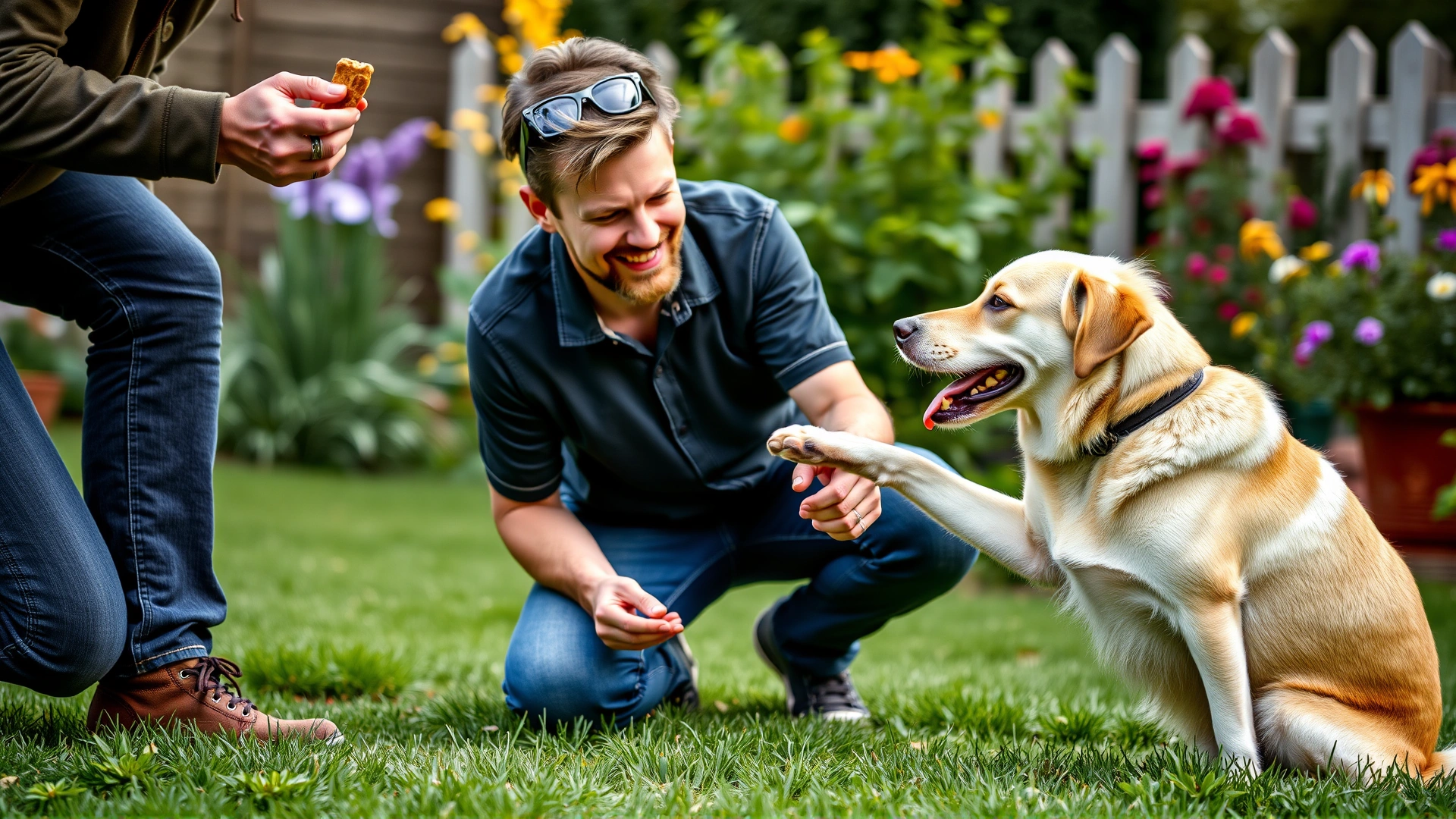 Dog owner kneeling in a garden holding a treat, while a happy dog sits attentively offering a paw for a handshake.