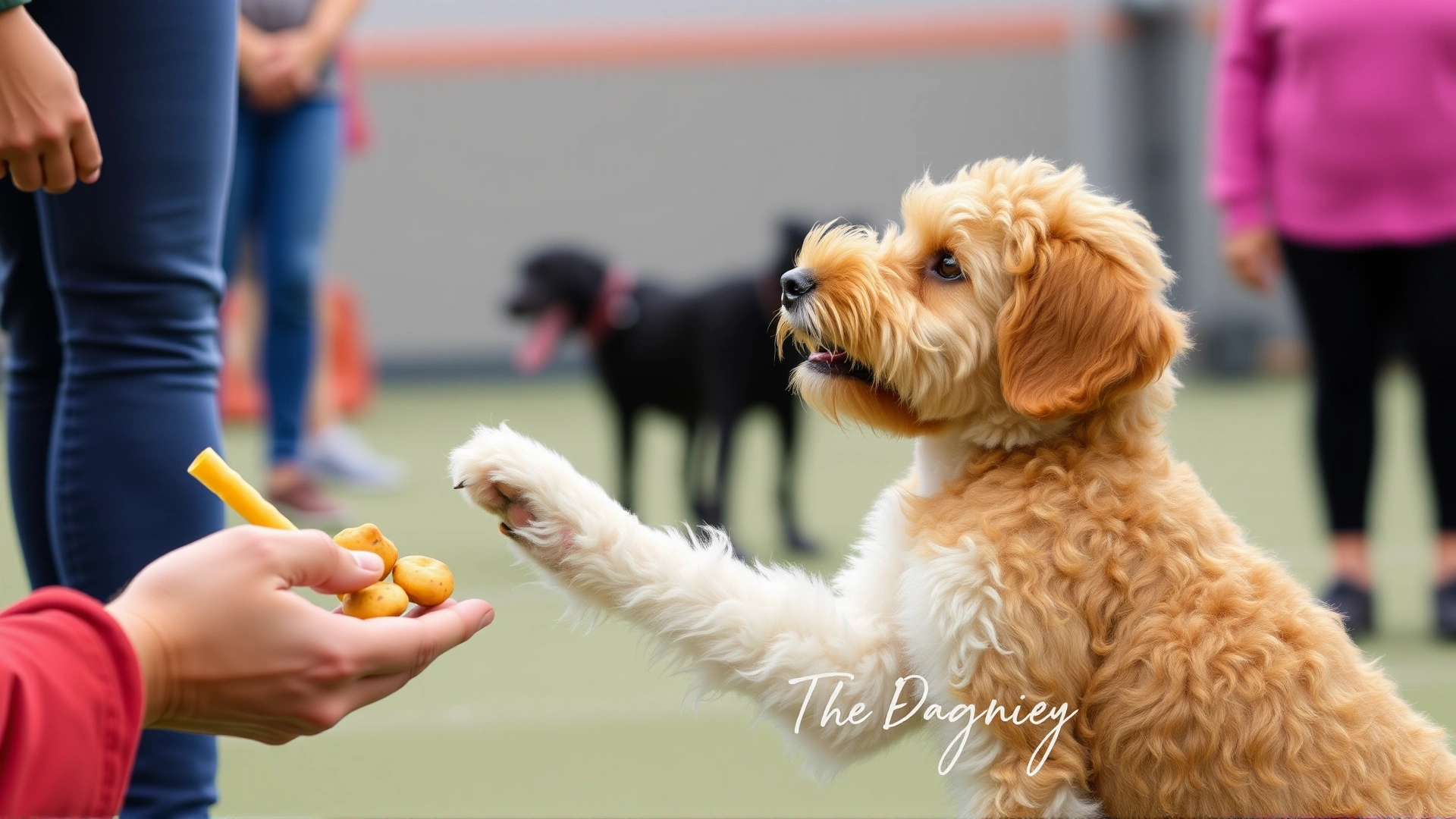 Owner giving a paw command to a young Shepadoodle puppy at an obedience class, with treats visible in hand and soft focus on other dogs in background.