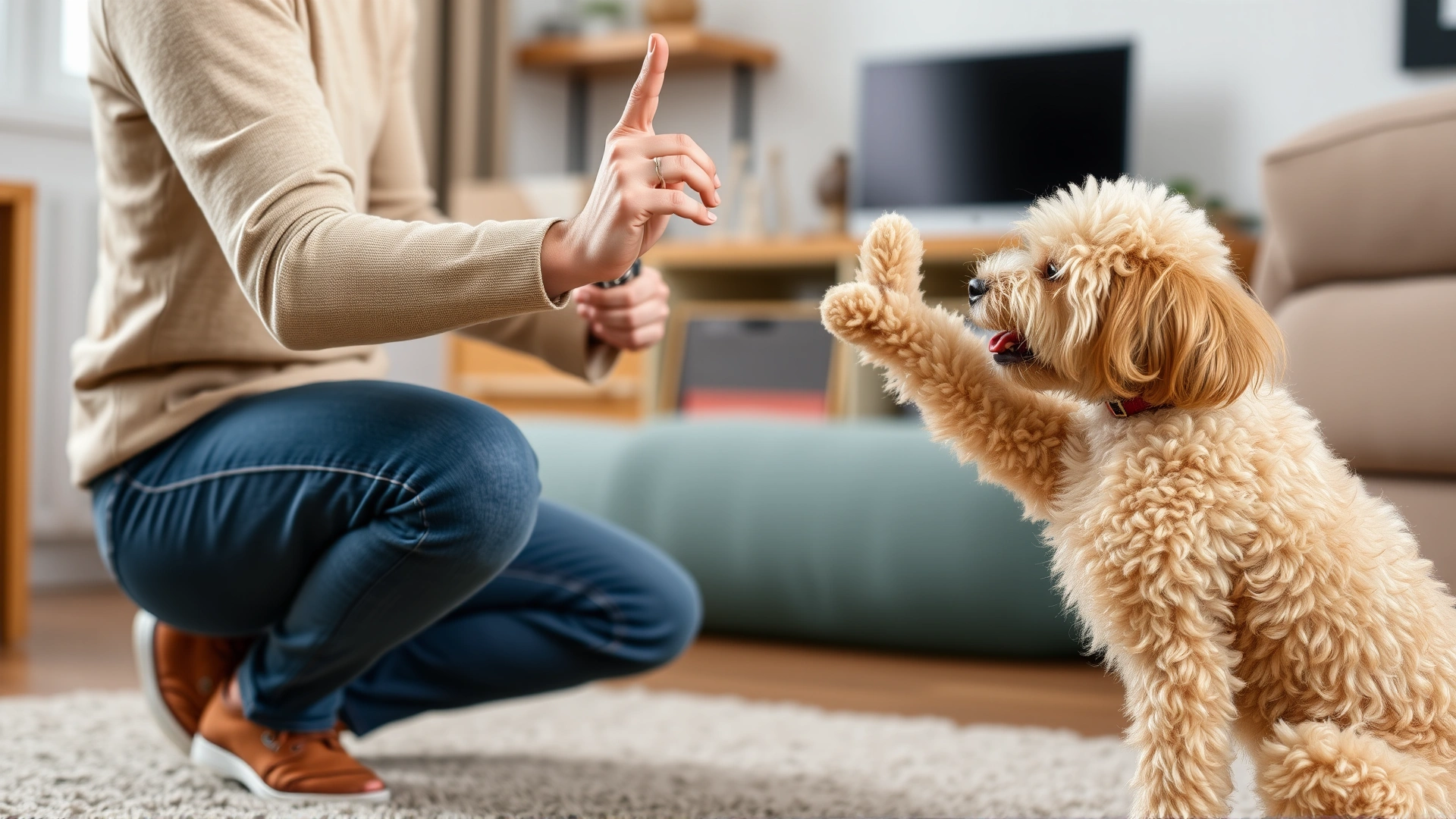 Owner kneeling and giving a high-five command to a Toy Poodle in a home training session