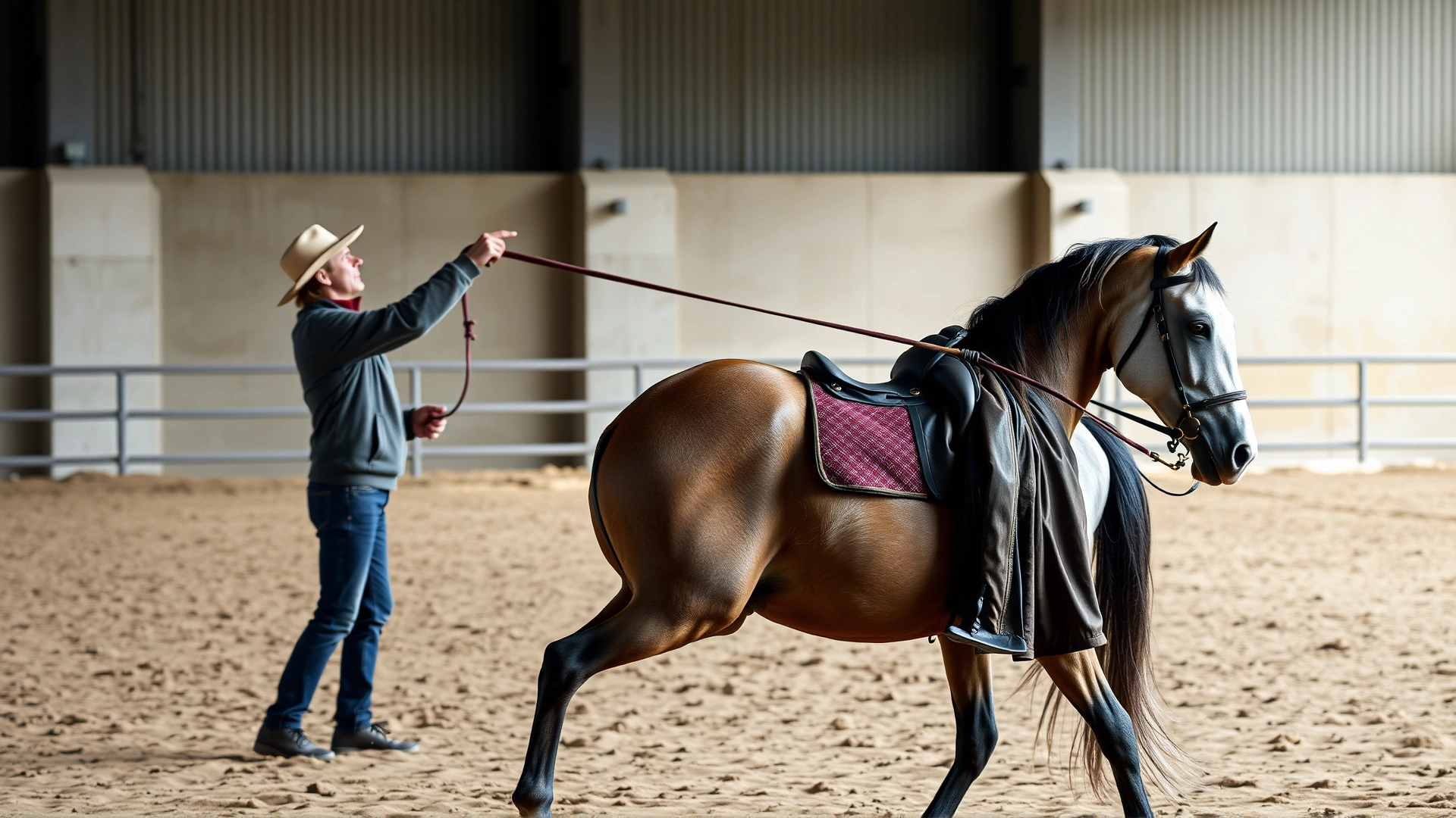 Trainer longeing a Morab horse in an arena with light sand footing, horse moving in balanced trot, no text