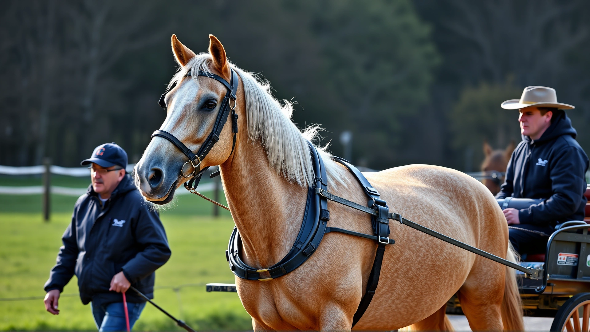 Falabella horse pulling a lightweight cart with an adult handler beside it, showcasing driving training
