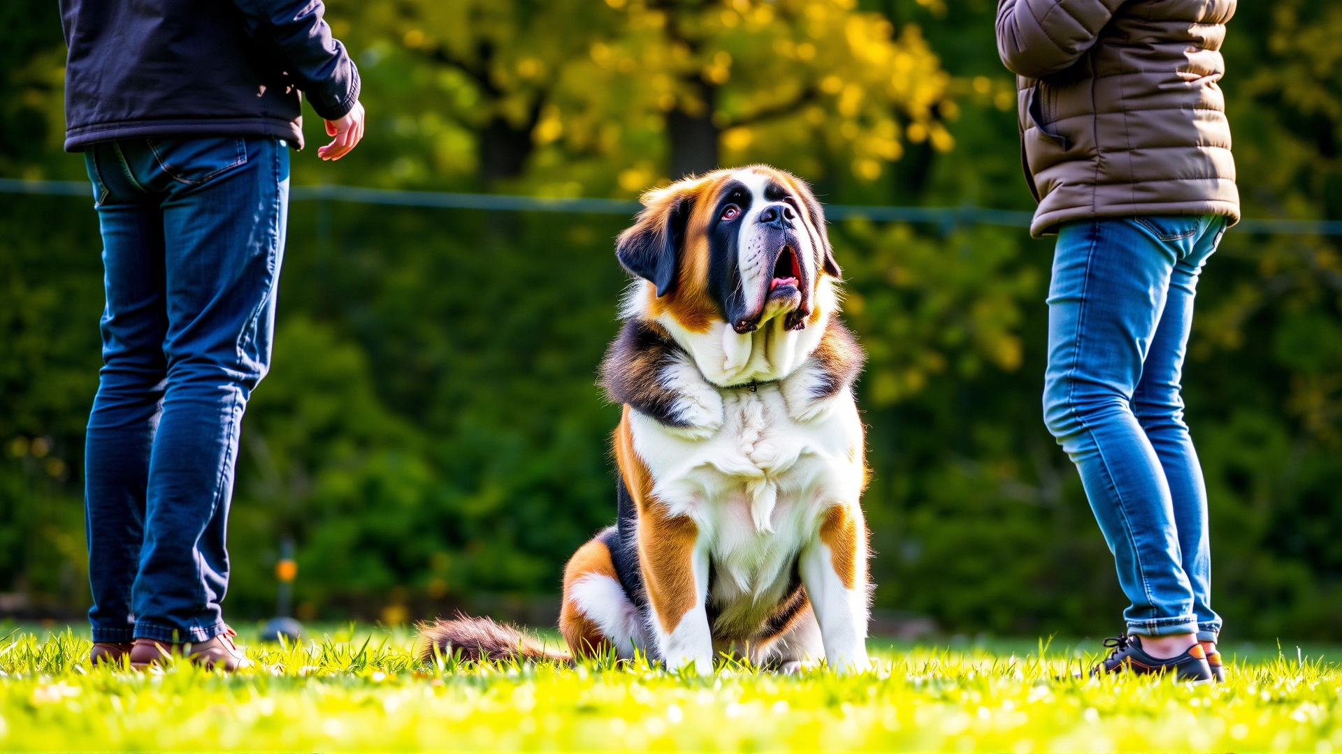 A Saint Bernard sitting attentively as commanded by its owner during a training session outdoors.