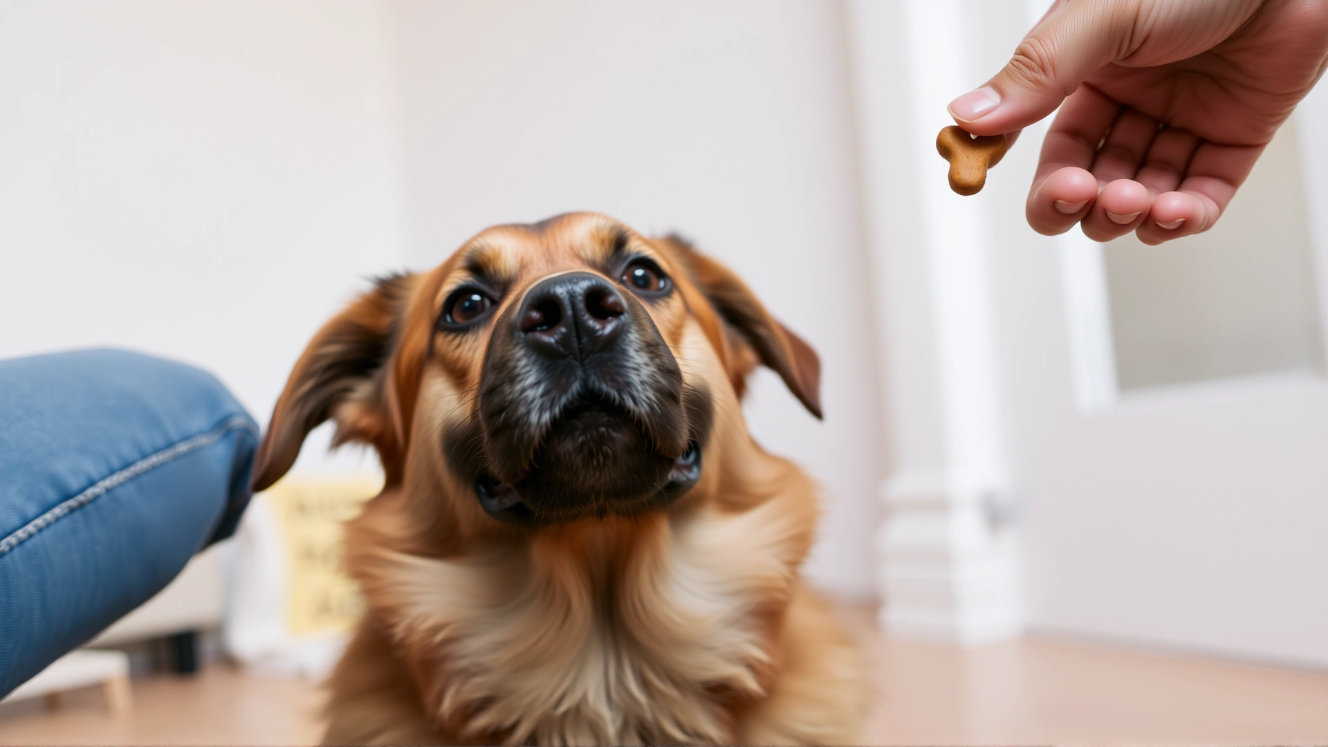 Close-up of medium-sized dog successfully sitting on command indoors, owner hand visible holding a small treat