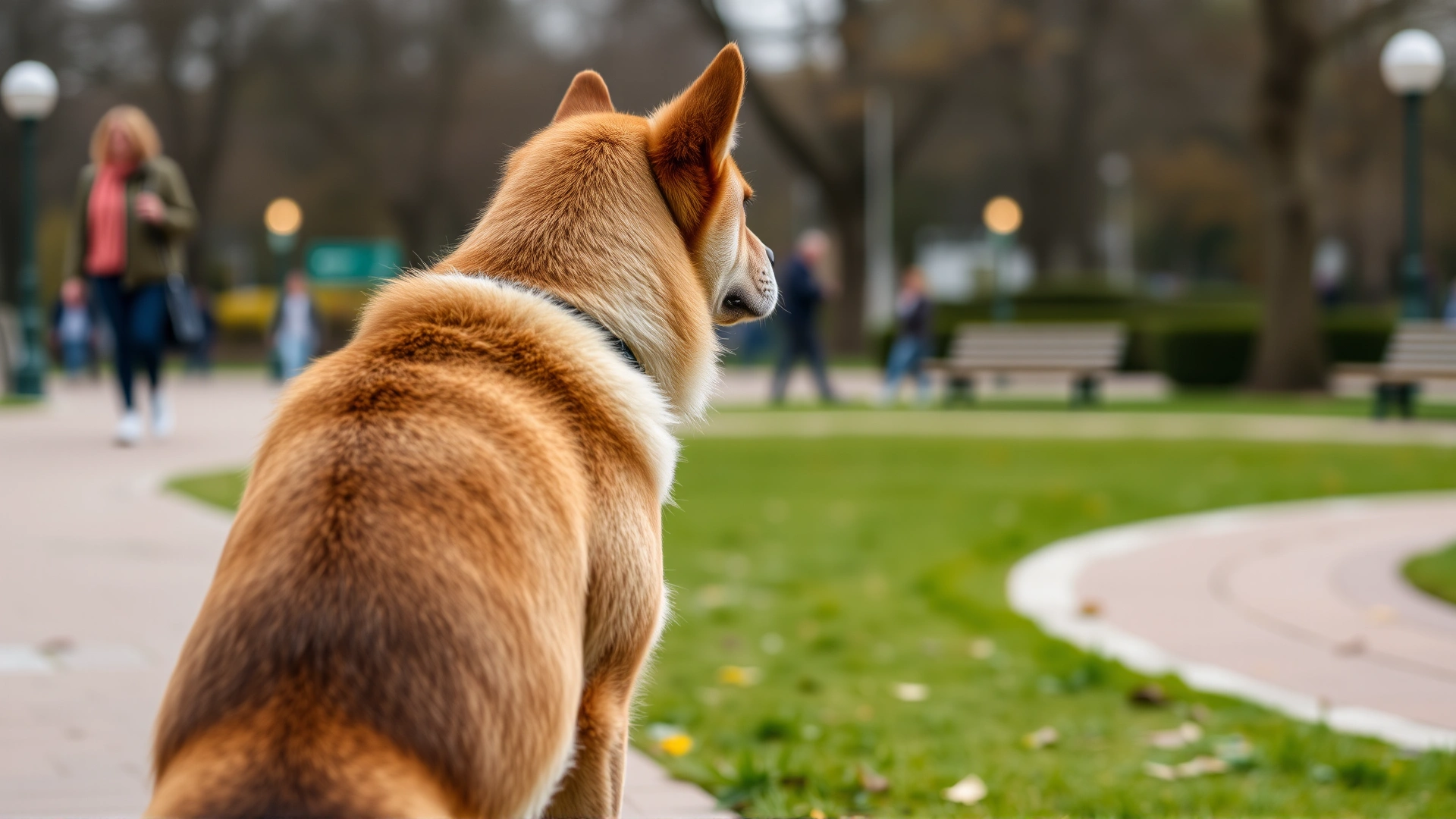 Dog staying perfectly still while owner walks away in a public park, slight blur on background to show depth