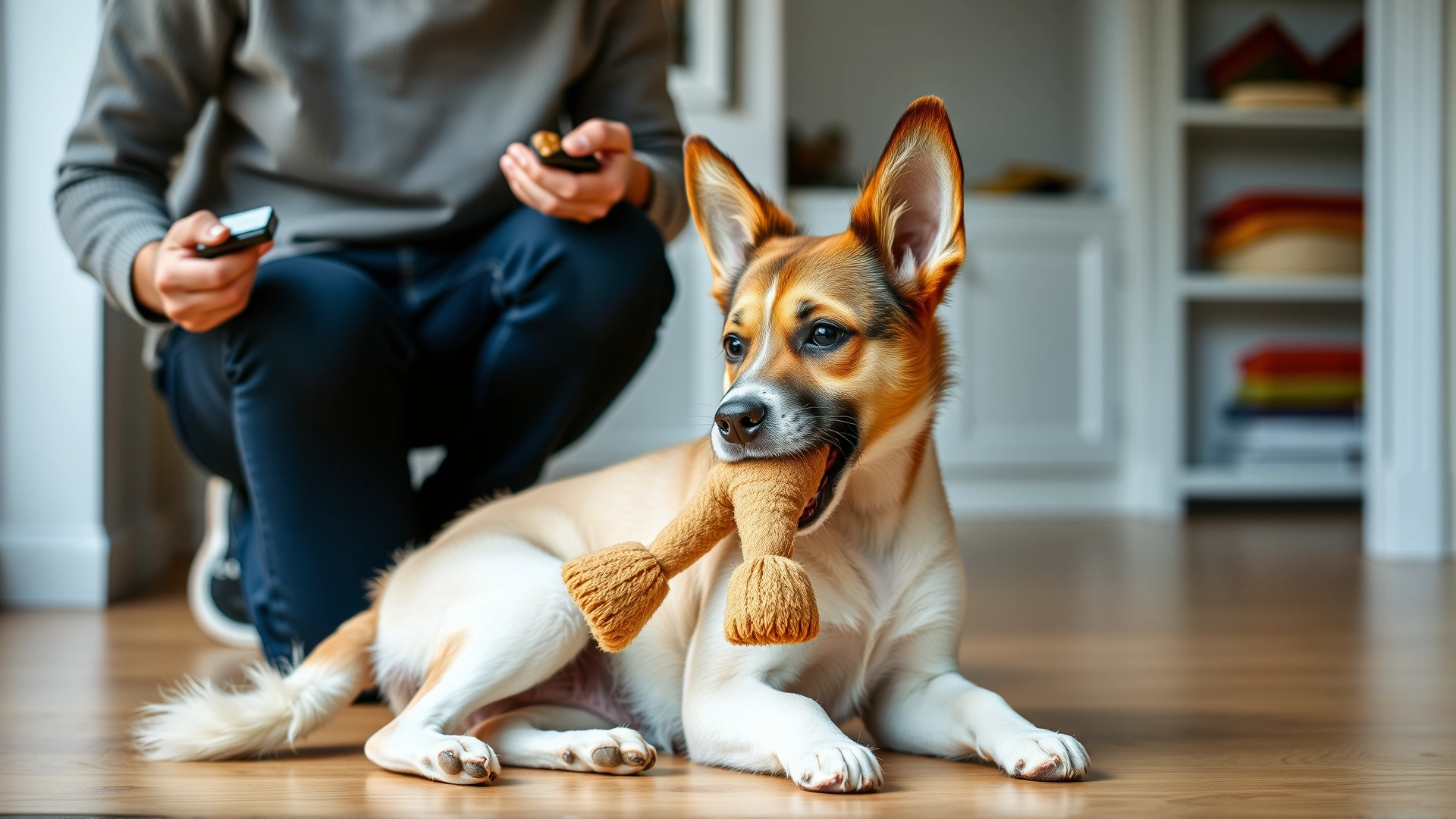 An owner kneeling indoors with a clicker and treats, encouraging a young dog that is holding a soft toy in its mouth
